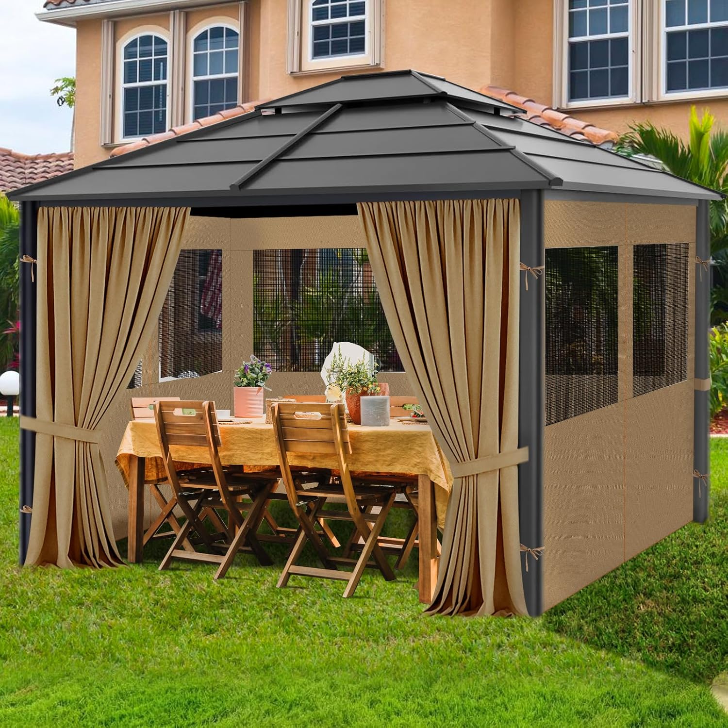 Gazebo Privacy Curtain 10'x12', Replacement Curtains with Mosquito Net Windows, 4-Panels Side Wall, Zippers, Waterproof Outdoor Curtains for Patio, Canopy, Garden and Backyard, Khaki (Curtain Only)