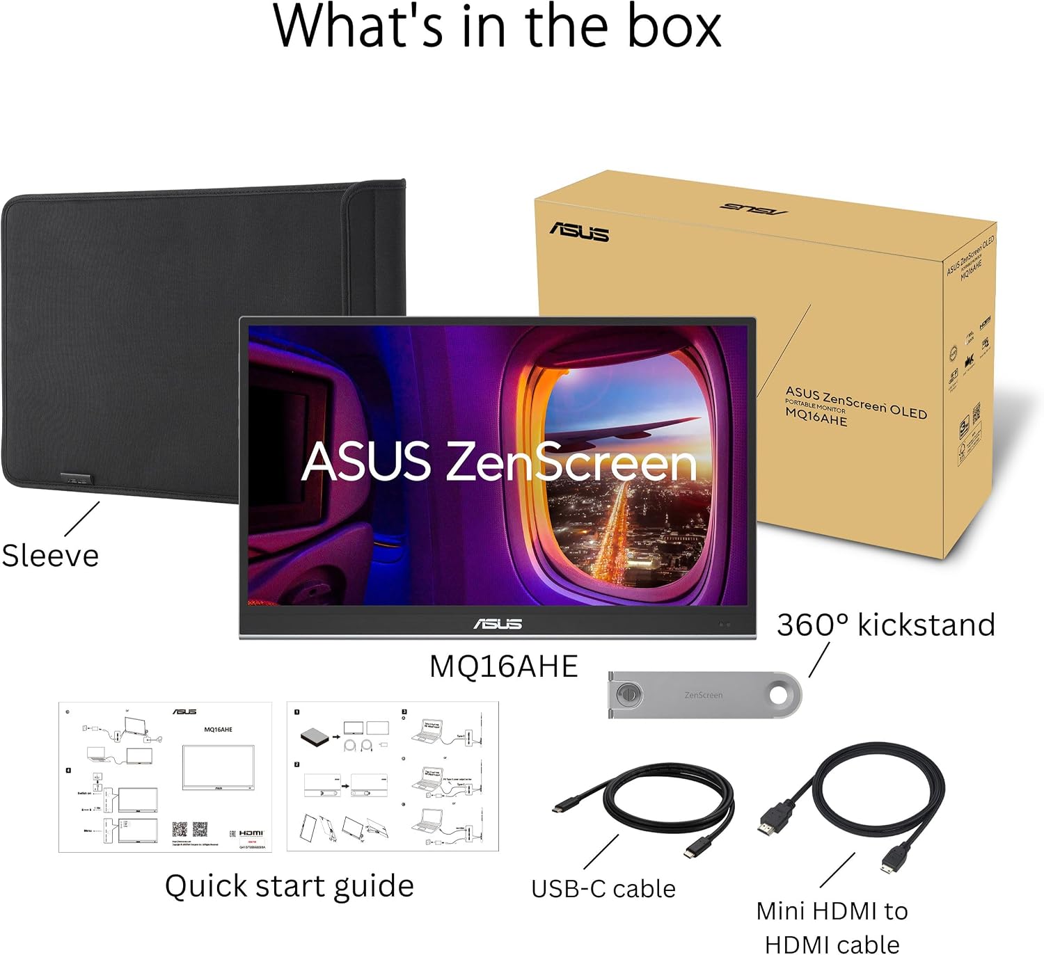 ASUS ZenScreen 16' OLED USB-C portable monitor (MQ16AHE) – Full HD, 100% DCI-P3, 1ms, HDR-10, Mini HDMI, Eye Care, Proximity Sensor, 360° kickstand, Compatible with Laptops, Smartphones, 3 yr warranty