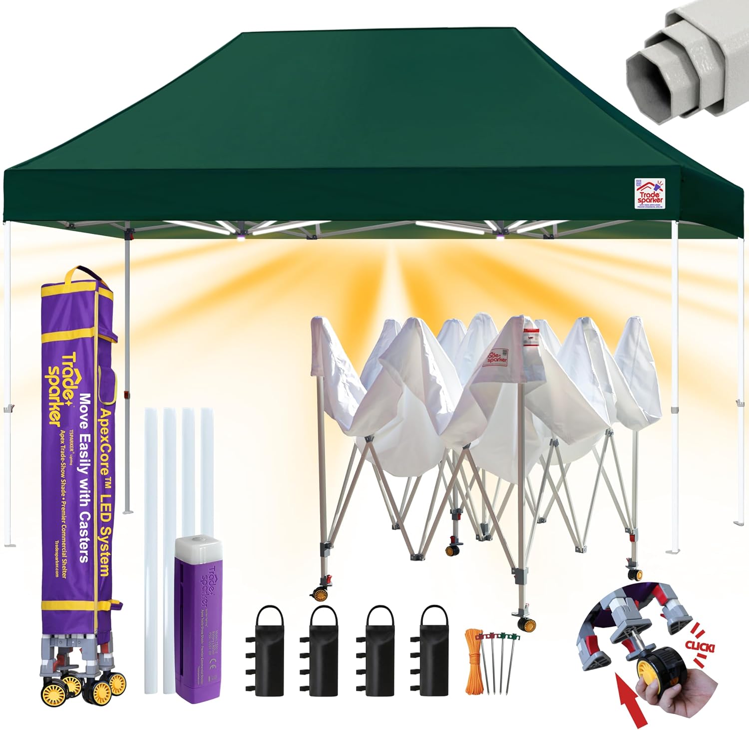 Tradesparker 8x12 Pop Up Canopy Tent,Commercial Movable Canopy with ApexCore LED&Rugged Casters-Instant Easy Setup Shelter Canopies with Weight Bags&Stakes for Outdoor Events Markets,Forest Green