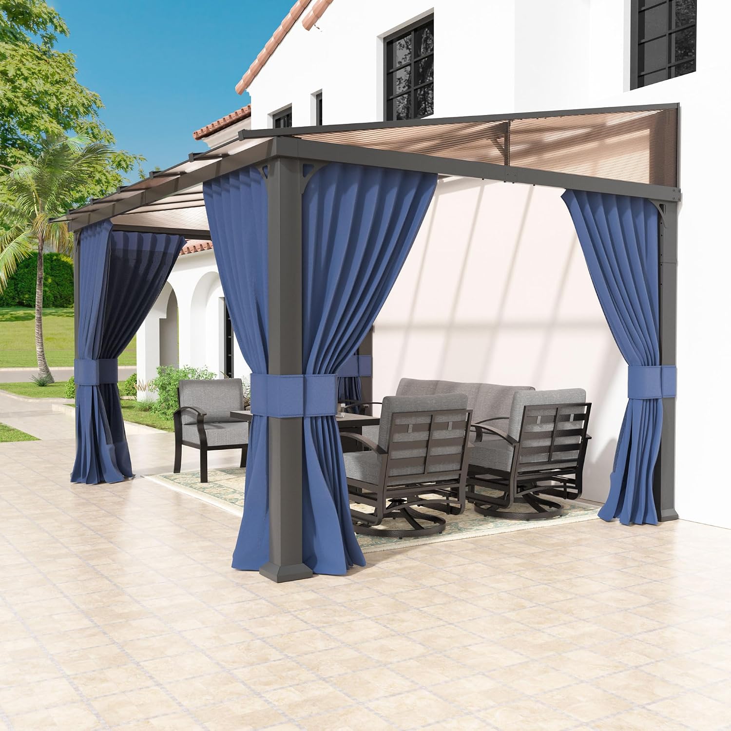 Kullavik 10' × 12' Hardtop Gazebo for Patio,Wall-Mounted Lean to Gazebo Pergola with Sloping Roof and Durable Aluminum Frame,Large Heavy Duty Awnings for Decks,Backyard,Navy Blue