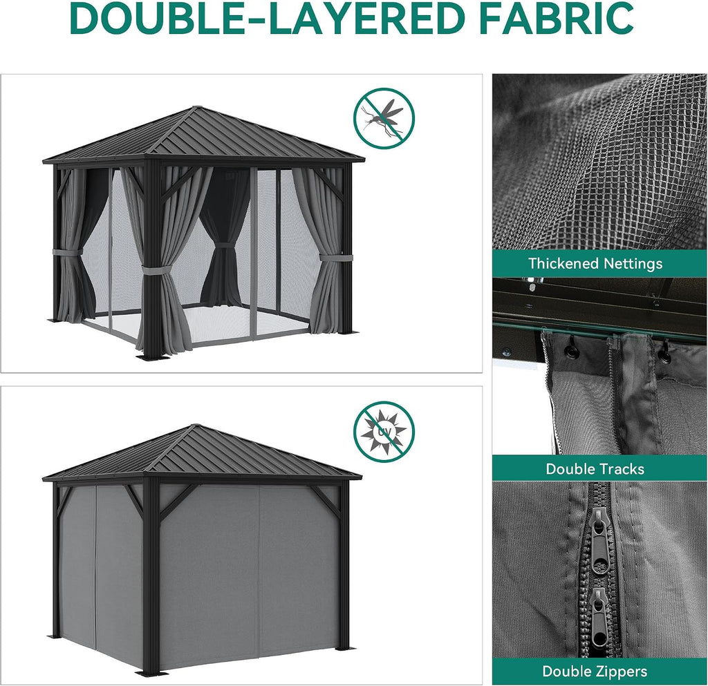 YITAHOME 10X10FT Metal Hardtop Gazebo Outdoor Patio Single Top Canopy Galvanized Iron Aluminum Column Garden Tent Curtains Netting for Backyards Decks Lawns,Gray