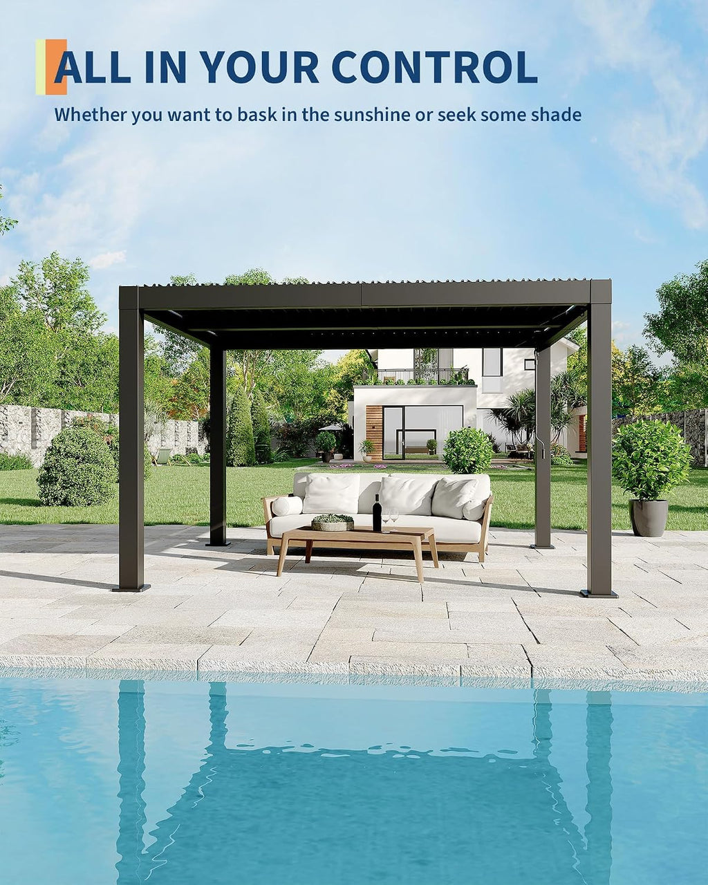 Louvered Pergola, Outdoor Pergola with Adjustable Louvered Roof, Reinforced Aluminum Frame, Integrated Drainage System, Hardtop Gazebo for Patio