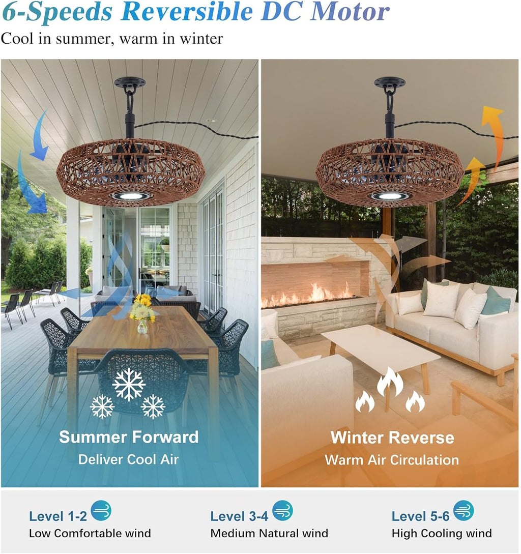She's home 20'' Outdoor Gazebo Fan with Lights and Remote, Outside/Indoor Hanging Rattan Ceiling Fan, 3CCT Dimmable, 6-Speed DC Motor, Plug-in Wicker Woven Caged Ceiling Fans for Patio Porch Pergola
