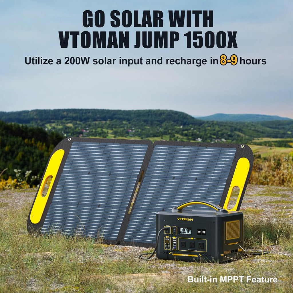 VTOMAN Jump 1500X Portable Power Station with 110W Solar Panel, 828Wh LiFePO4 Battery Solar Generator with 1500W AC Outlet, Jump Start, PD 100W Type-C for Camping, Home Backup, Outdoor Christmas Party