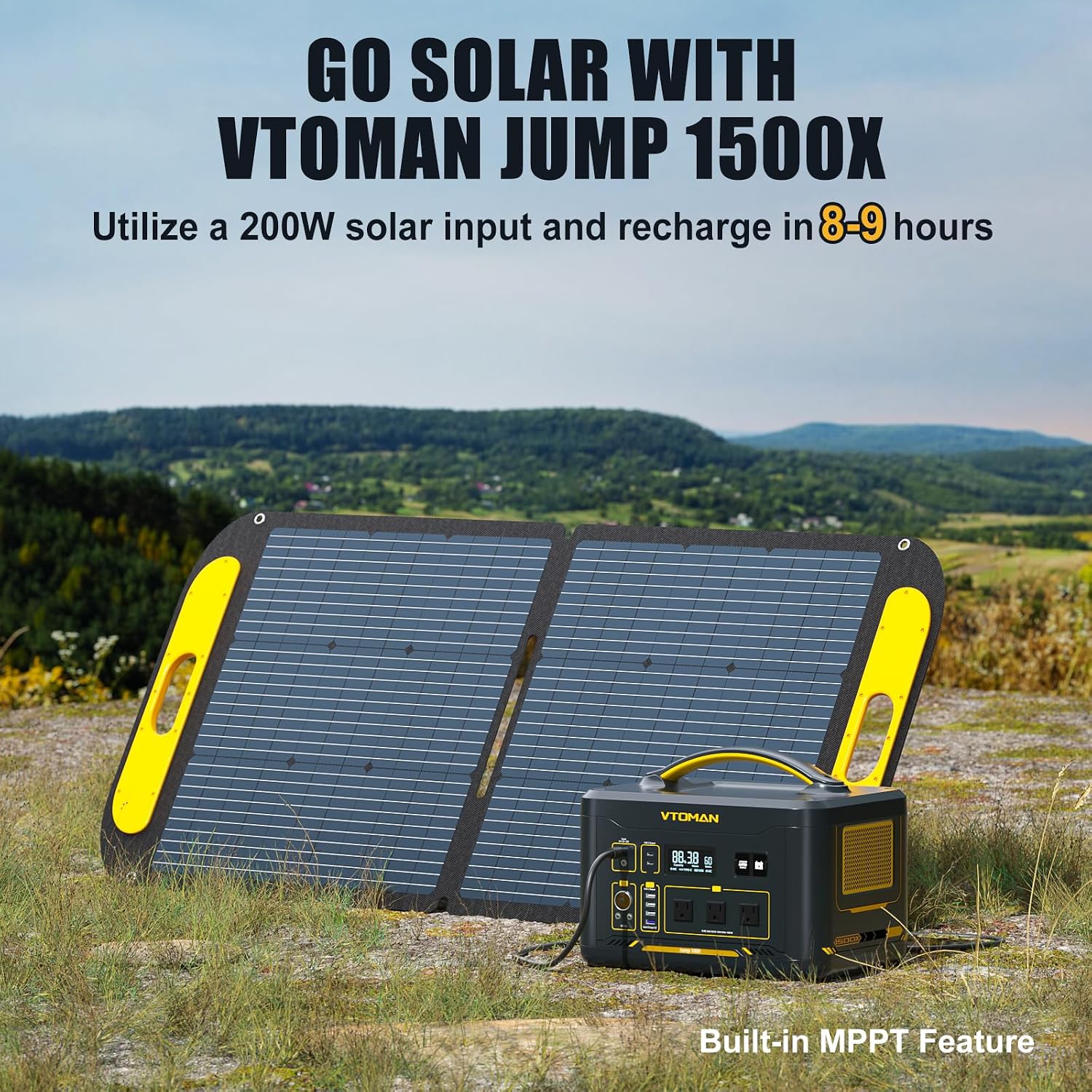 VTOMAN Jump 1500X Portable Power Station with 110W Solar Panel, 828Wh LiFePO4 Battery Solar Generator with 1500W AC Outlet, Jump Start, PD 100W Type-C for Camping, Home Backup, Outdoor Christmas Party
