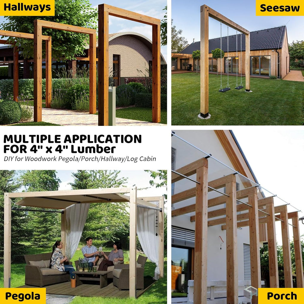 2-Way Pergola Brackets Kit, DIY L-Shaped Woodwork Brackets for 4' x 4' (Actual:3.5'x3.5') Lumber for Patio Pergolas, Gazebos, Log Cabin W/Hardware - 4 Pack