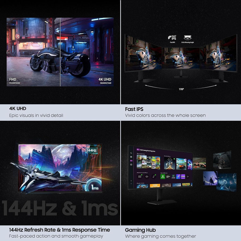 Samsung 27' Odyssey G7 4K UHD 144Hz 1ms G-Sync Gaming Monitor, HDR400, AMD FreeSync Premium, Ultrawide Game View, DisplayPort, HDMI, Height Adjustable Stand, Black