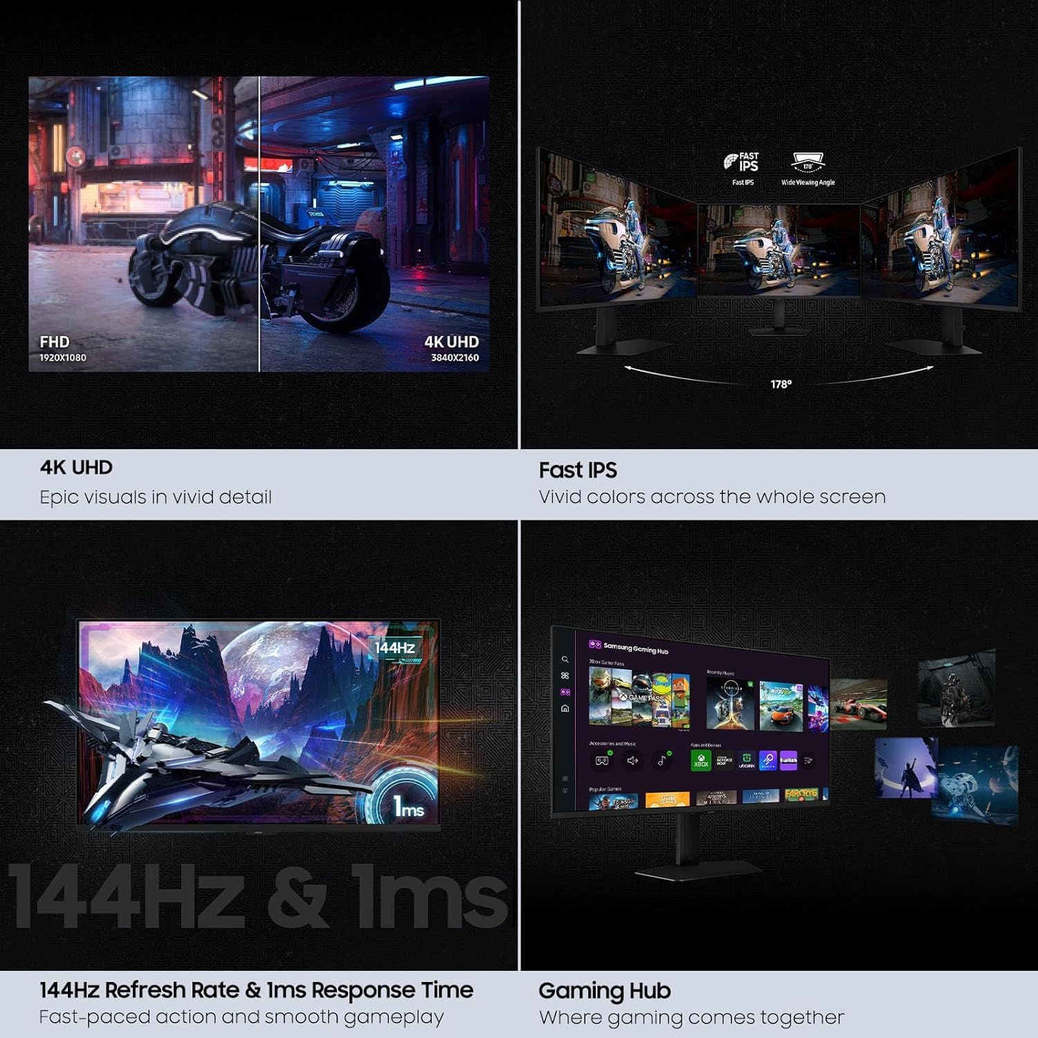 Samsung 27' Odyssey G7 4K UHD 144Hz 1ms G-Sync Gaming Monitor, HDR400, AMD FreeSync Premium, Ultrawide Game View, DisplayPort, HDMI, Height Adjustable Stand, Black