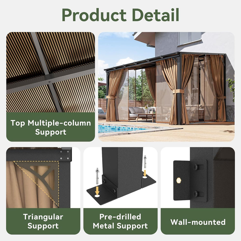 Aoxun 10'x12' Lean to Gazebo with Mosquito Net and Curtains, Aluminum Frame, Polycarbonate Panel, Wall Mounted Pergola with Sloped Roof for Backyard, Porch, Deck