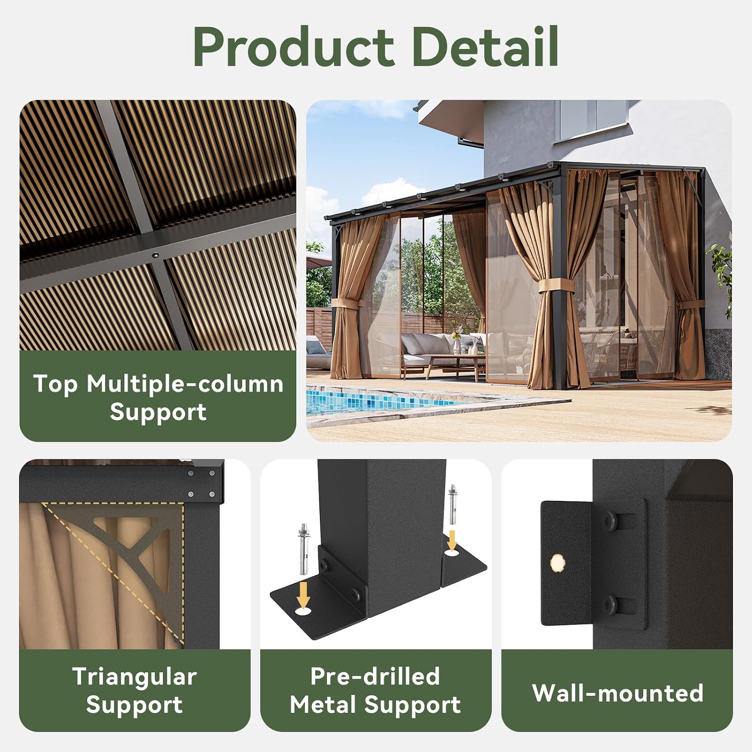 Aoxun 10'x12' Lean to Gazebo with Mosquito Net and Curtains, Aluminum Frame, Polycarbonate Panel, Wall Mounted Pergola with Sloped Roof for Backyard, Porch, Deck