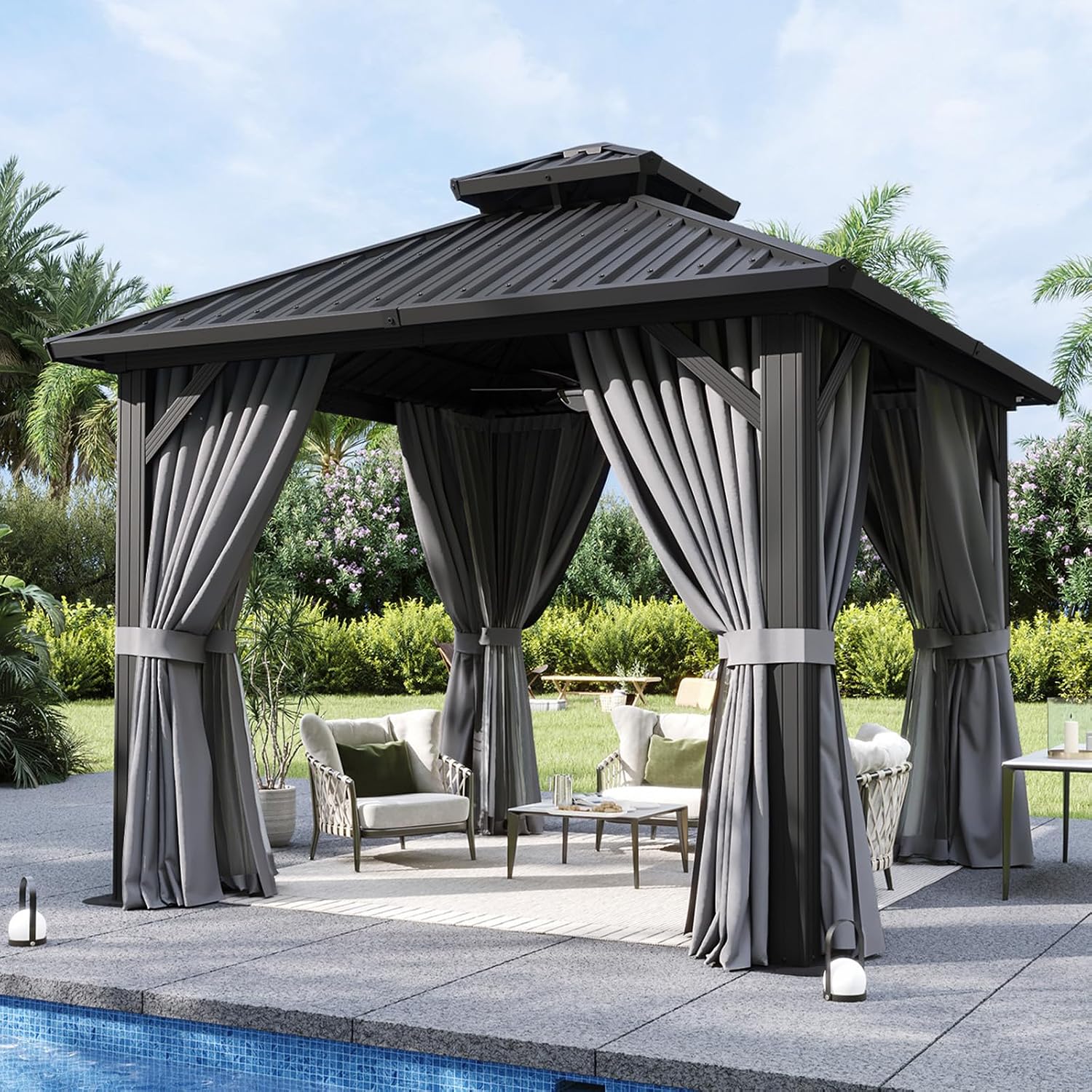 Aoxun 10'x10' Hardtop Gazebo, Permanent Metal Pavilion with Galvanized Steel Double Roof, Outdoor Pregola for Lawn, Garden, Patio (Black)