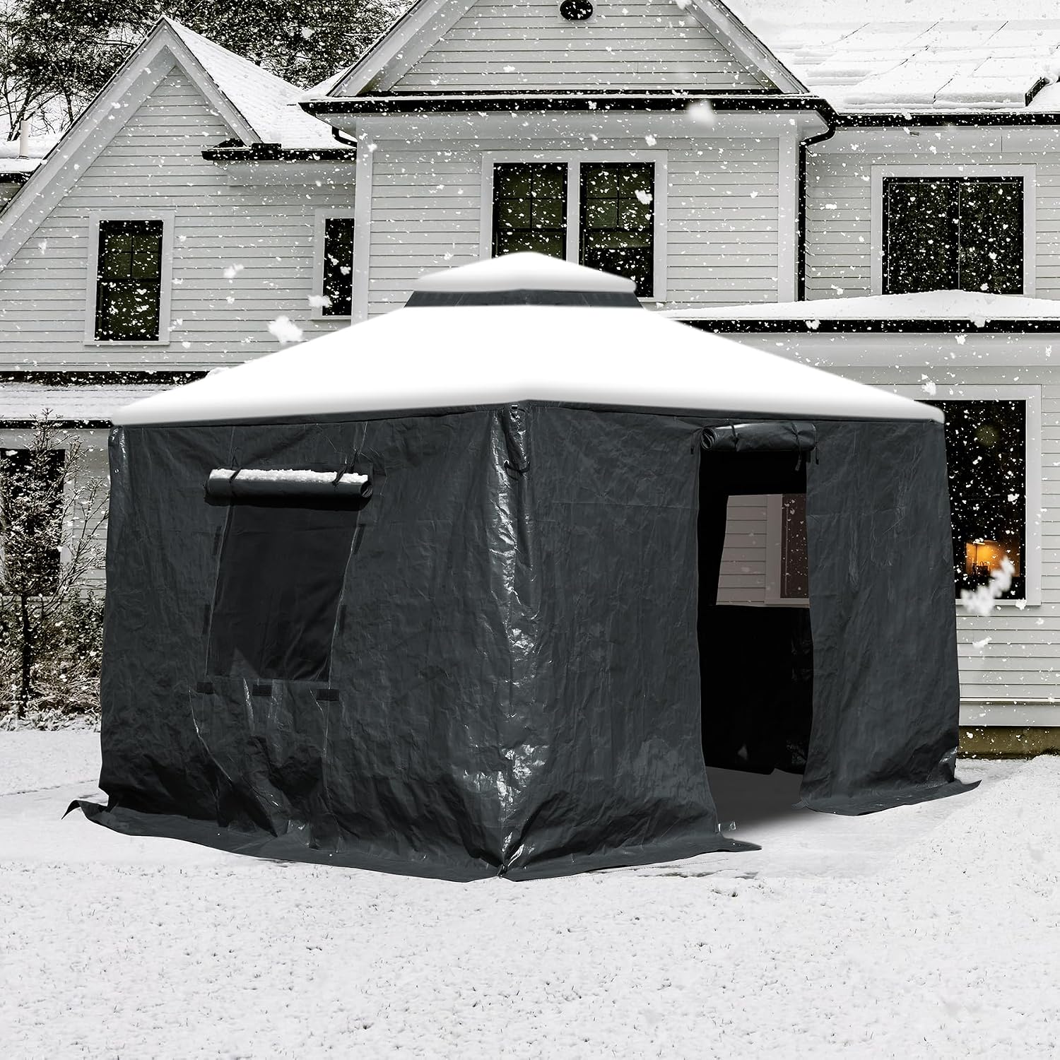 Domi 10' x10' Winter Gazebo Cover for Hardtop Gazebos, Universal Gazebo Cover with Sidewalls and Mesh Windows, All Season Waterproof Enclosed Cover for Outdoor, Gray