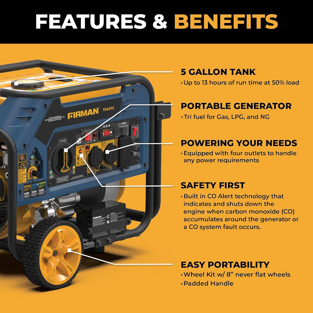 FIRMAN T04073 Tri Fuel Portable Generator, 5000W Gas 4000W Running, 4500W Propane 4000W Natural Gas, Electric Start, 120/240V, CO Alert, Low Oil Shut Off, for Home, RV, Backup, Camping, Outdoor Power