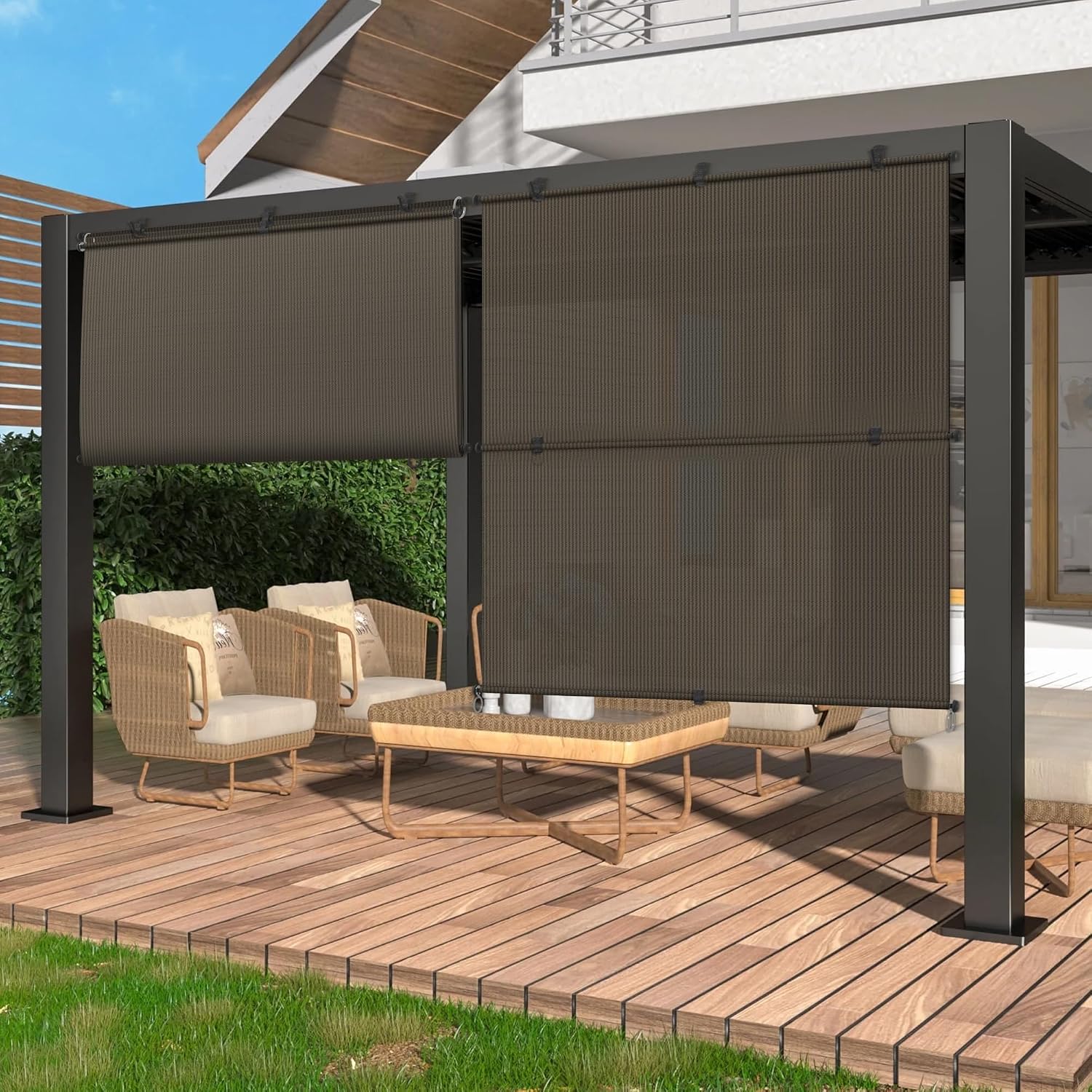 Coarbor Outdoor Roller Shades 4'W x 7.5'H Porch Sun Shades Outdoor Roll Up Blinds for Patio Porch Gazebo Balcony Backyard, Brown