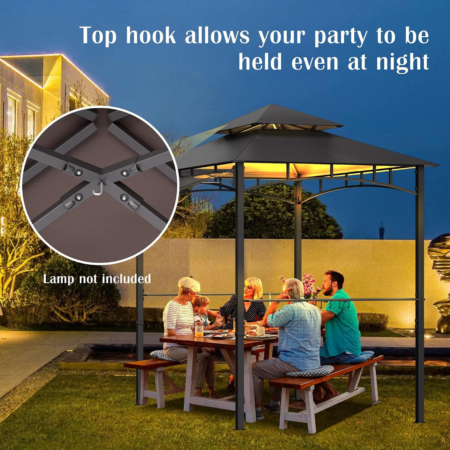 MAGIC UNION 8x8 FT Grill Gazebo with Side Awning, 2-Tier Barbecue Canopy Shelter with 2 Shelves, 7 Hanging Hooks, Bottle Opener, Outdoor Grilling Awnings Tent for Backyard Garden Poolside (Gray)