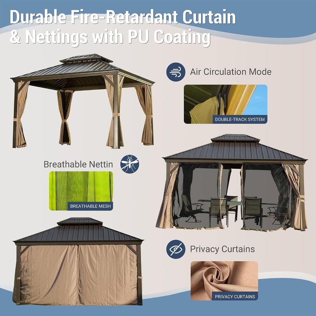 Domi 10'x12' Hardtop Gazebo with Aluminum Frame, Outdoor Metal Gazebo with Galvanized Steel Double Roof, Heavy Duty Curtains and Netting Included, Permanent Pergola for Backyard, Garden Lawn, Brown