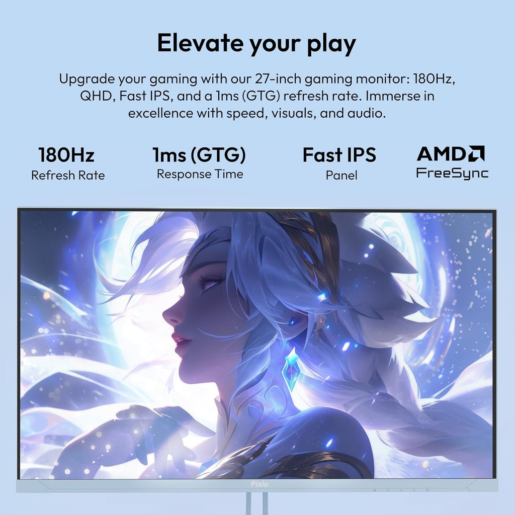 Pixio PX278 Wave Blue 27 inch 180Hz Refresh Rate Quad HD 1440p Resolution Fast IPS Panel 1ms GTG Response Time Built-in Speakers Gaming Monitor with AMD FreeSync