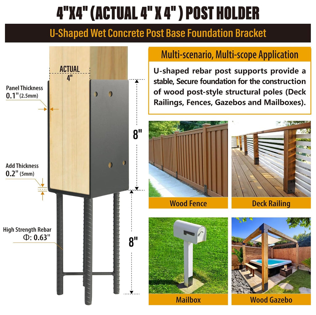 4'x4' Stainless Steels U-Shape Post Holder, Wet Concrete Post Anchor, Heavy-Duty Post Base Bracket for Fence, Deck Railing, Wood Gazebo, Pergola (8pack-Dark Gray)