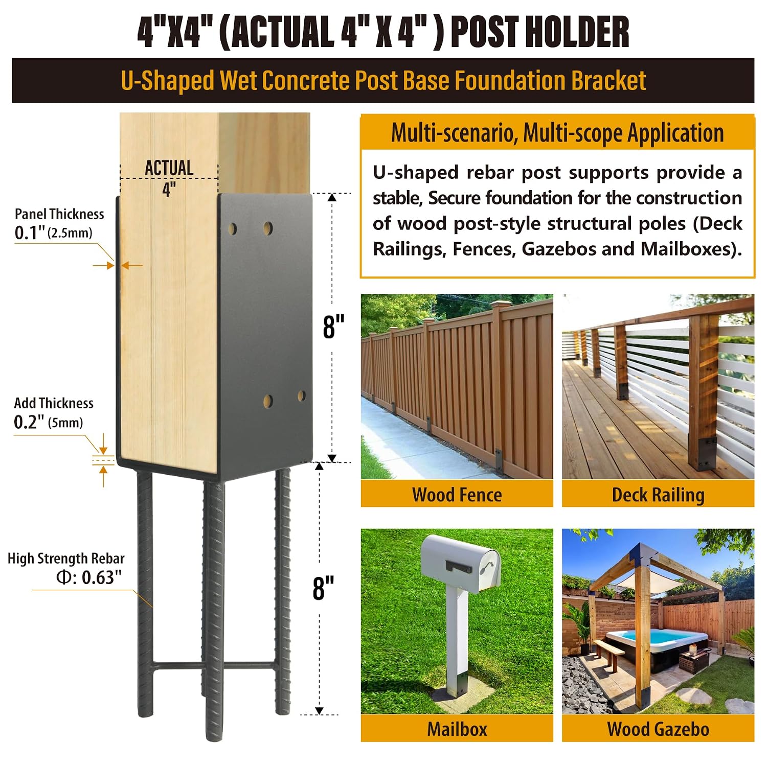 4'x4' Stainless Steels U-Shape Post Holder, Wet Concrete Post Anchor, Heavy-Duty Post Base Bracket for Fence, Deck Railing, Wood Gazebo, Pergola (8pack-Dark Gray)