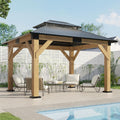 AMERLIFE 10x12 Wood Gazebo, Hardtop Gazebo with Spruce Frame and Double Metal Roof, Outdoor Pergola for Parties, Backyard, Patio, Lawns, Black + Natura Wood