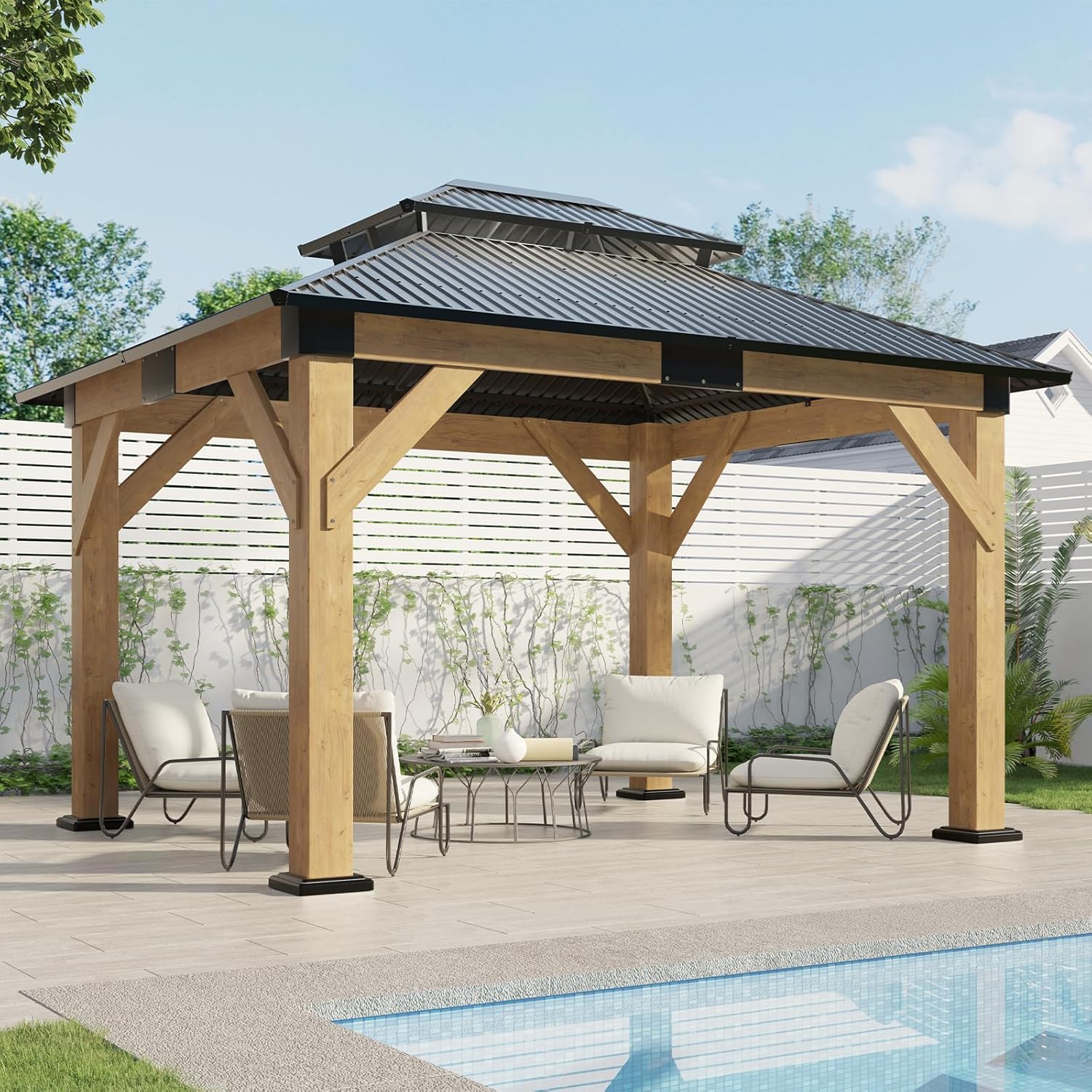 AMERLIFE 10x12 Wood Gazebo, Hardtop Gazebo with Spruce Frame and Double Metal Roof, Outdoor Pergola for Parties, Backyard, Patio, Lawns, Black + Natura Wood