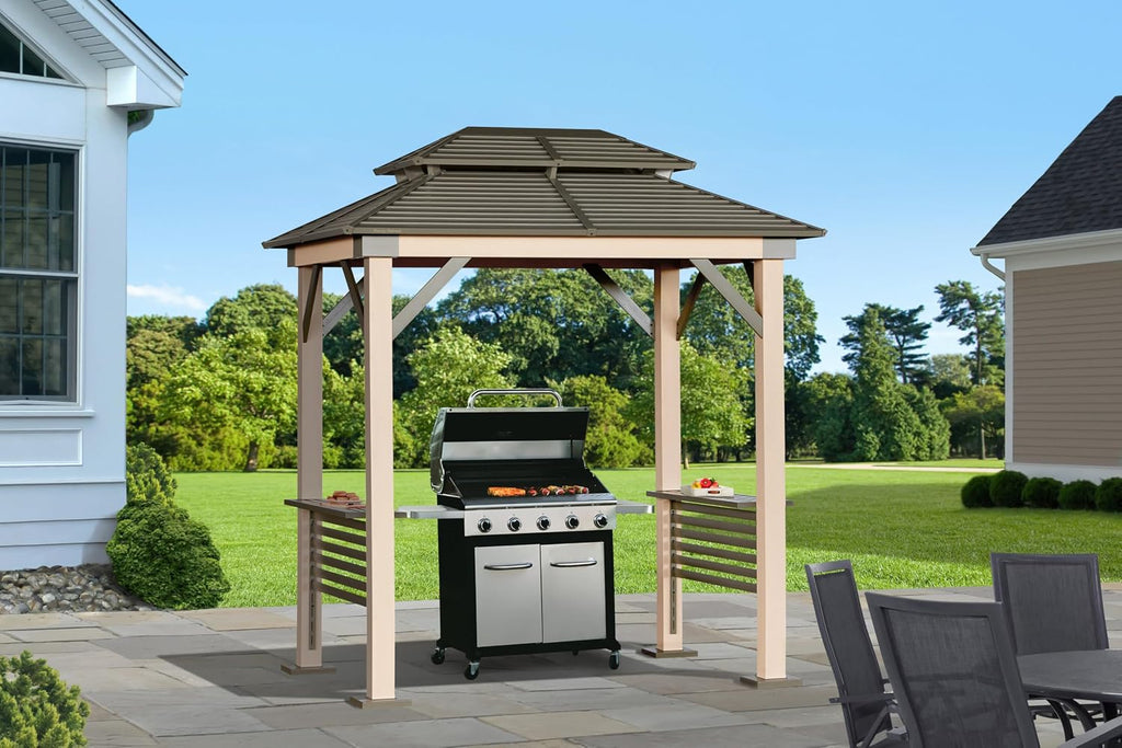 Tommy Bahama Edition Cove 6' x 8' Outdoor Hardtop Grill Gazebo for Backyard or Patio, Heavy-Duty Galvanized Steel Double Roof Gazebo, Wood Grain Finish