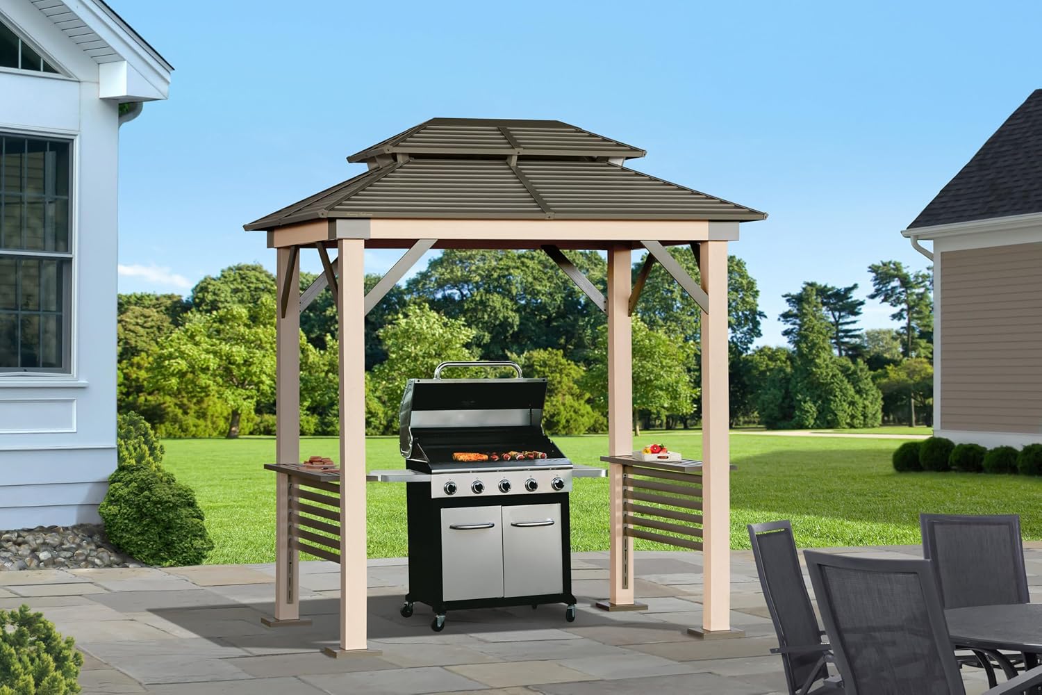 Tommy Bahama Edition Cove 6' x 8' Outdoor Hardtop Grill Gazebo for Backyard or Patio, Heavy-Duty Galvanized Steel Double Roof Gazebo, Wood Grain Finish