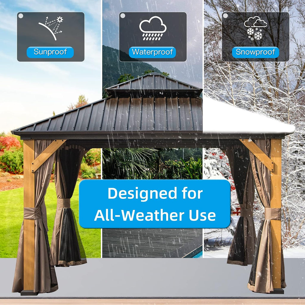 Domi Hardtop Gazebo 12'x12' Cedar Frame Wood Gazebo with Galvanized Steel Double Roof, Outdoor Permanent Metal Gazebo with Curtains and Netting for Patio,Deck,Backyard