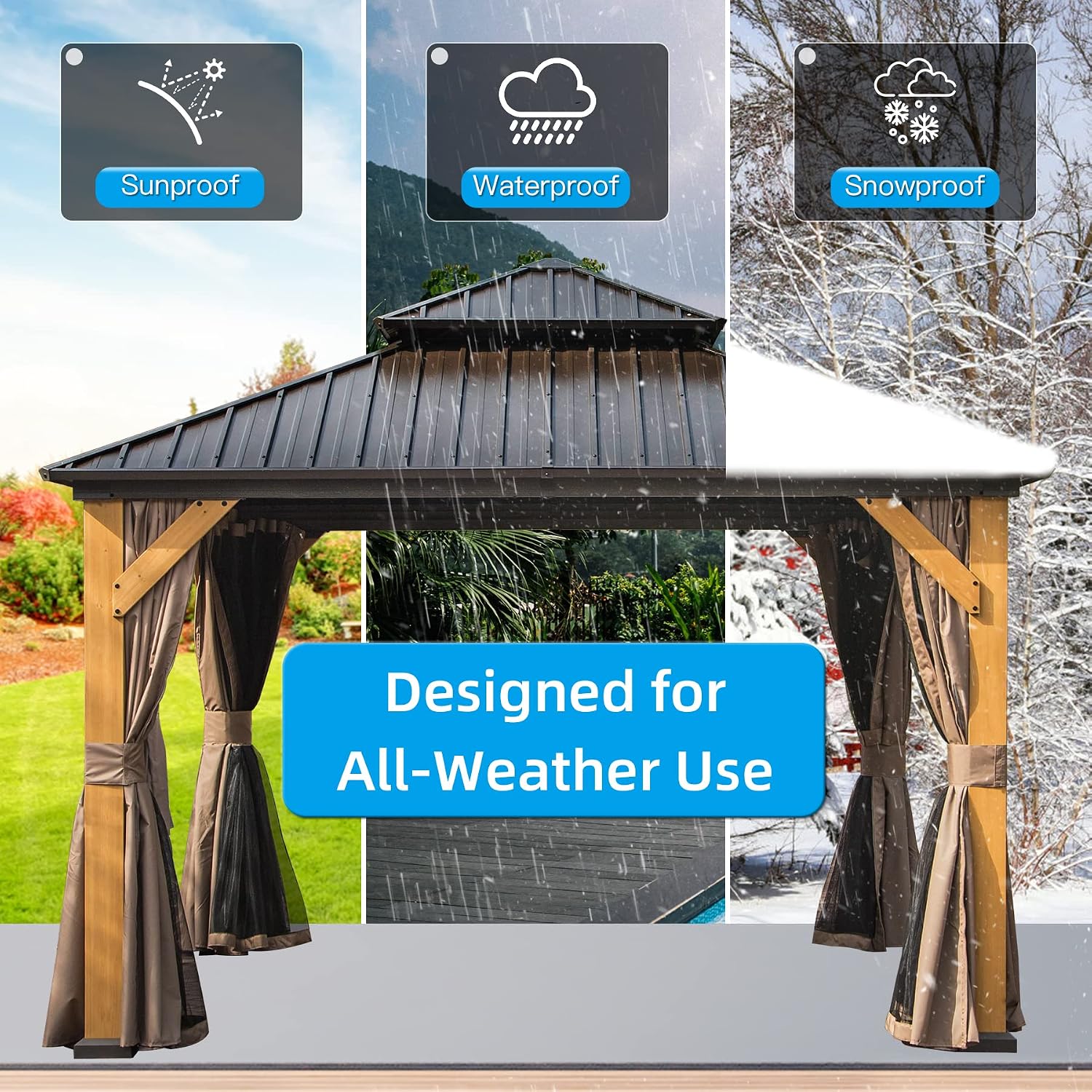 Domi Hardtop Gazebo 12'x12' Cedar Frame Wood Gazebo with Galvanized Steel Double Roof, Outdoor Permanent Metal Gazebo with Curtains and Netting for Patio,Deck,Backyard