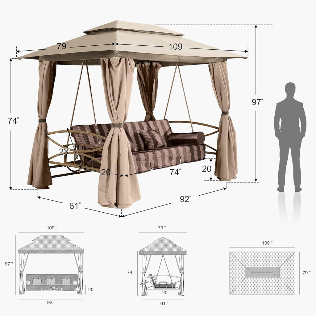 PURPLE LEAF 3 Person Outdoor Patio Porch Swing Gazebo with Netting & Gazebo Curtains with Canopy Swings for Adults