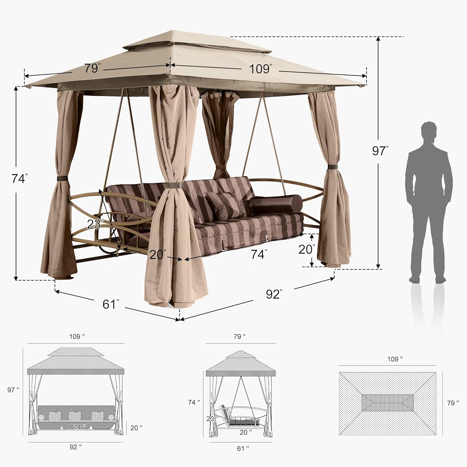 PURPLE LEAF 3 Person Outdoor Patio Porch Swing Gazebo with Netting & Gazebo Curtains with Canopy Swings for Adults
