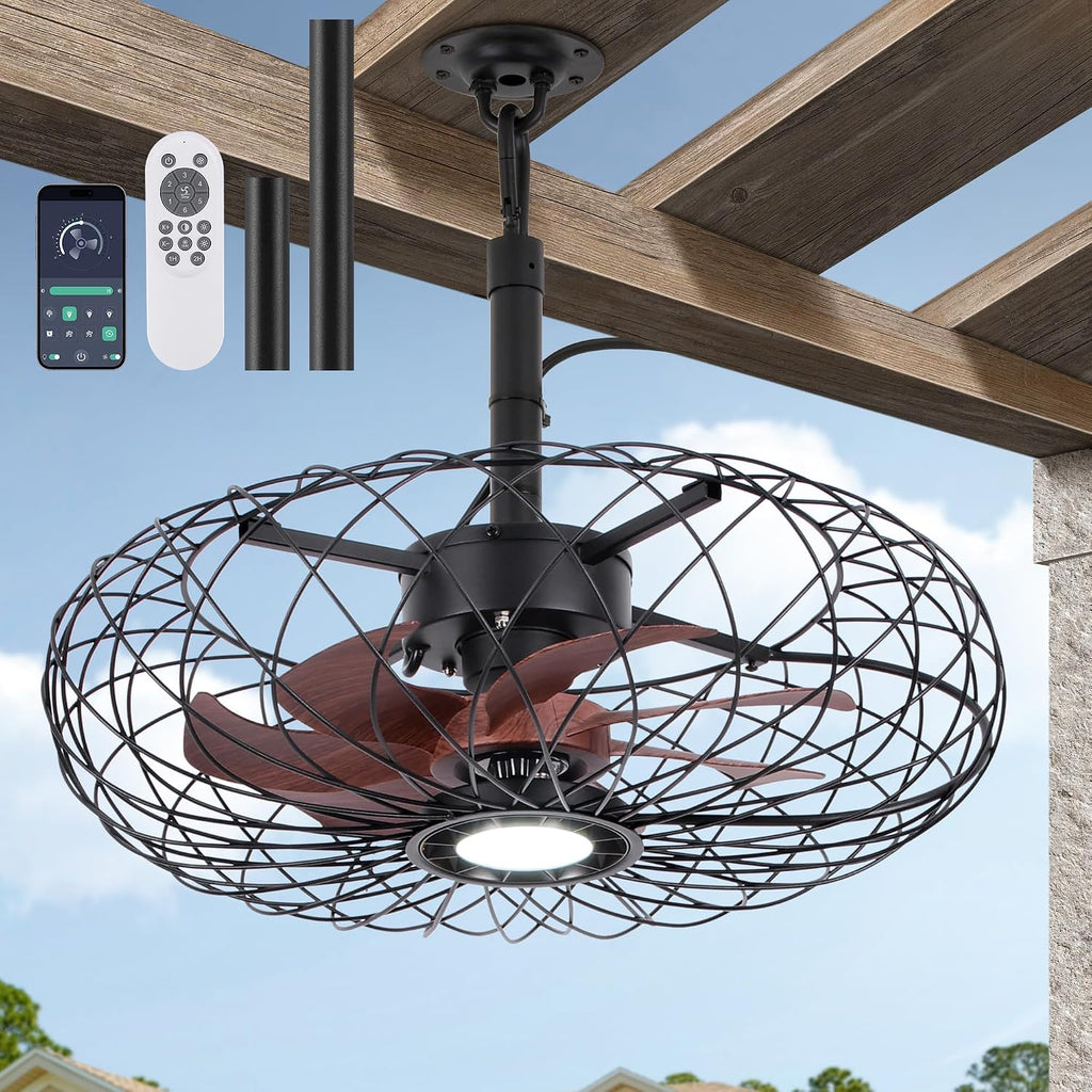 Miuyhji Black Outdoor Ceiling Fans with LED Light, 20' Waterproof Gazebo Fan Plug in Caged Industrial Fandelier Ceiling Fan with Remote, 6 Speeds Adjustable Height Fan for Bedroom Living Room Pergola