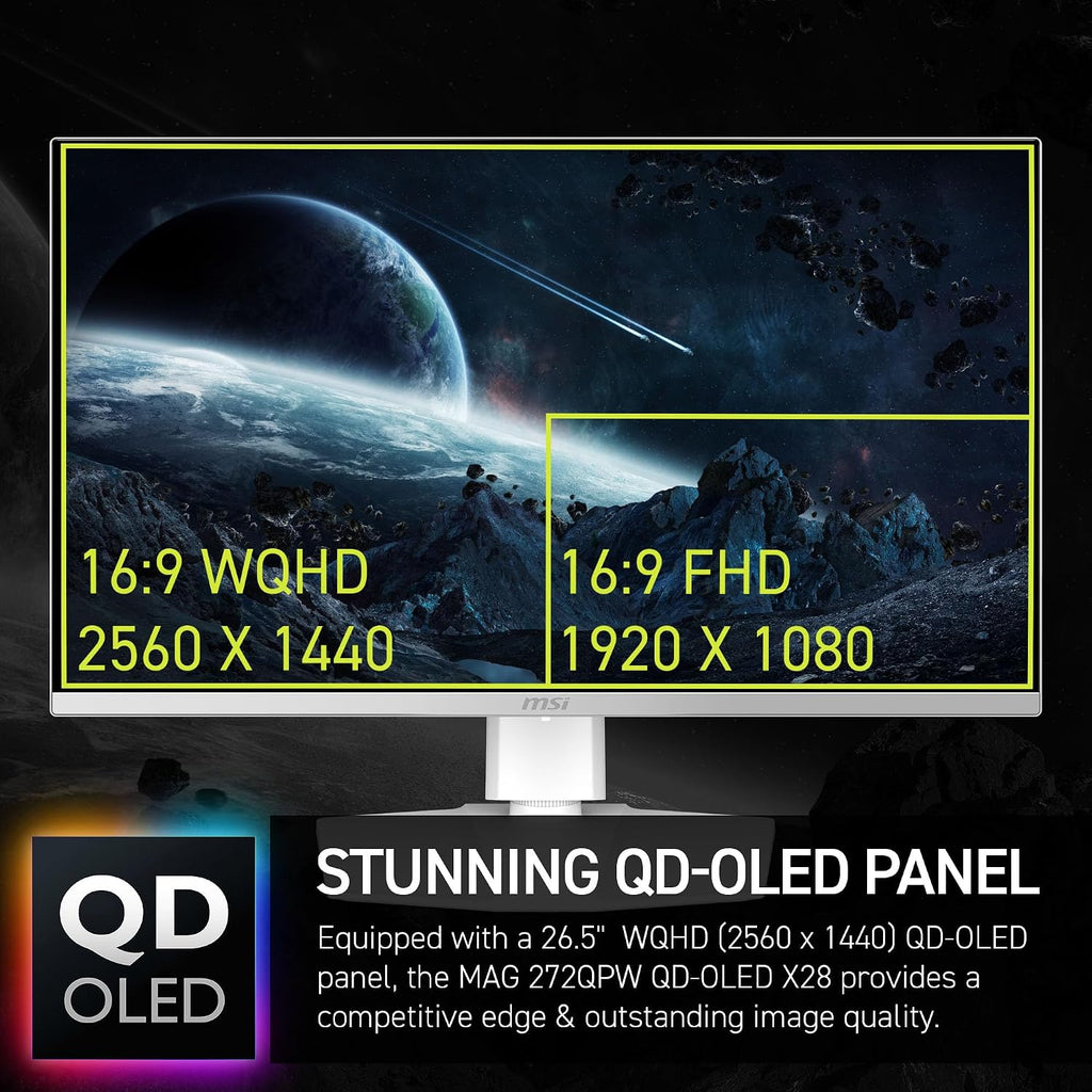 msi, MAG 272QPW QD-OLED X28, 27-Inch, WQHD, 2560x1440, Gaming Monitor, Quantum Dot OLED Panel, 280Hz, 0.03ms, DisplayHDR True Black 400, HDMI 2.1, DP 1.4a, USB C (15WPD), White