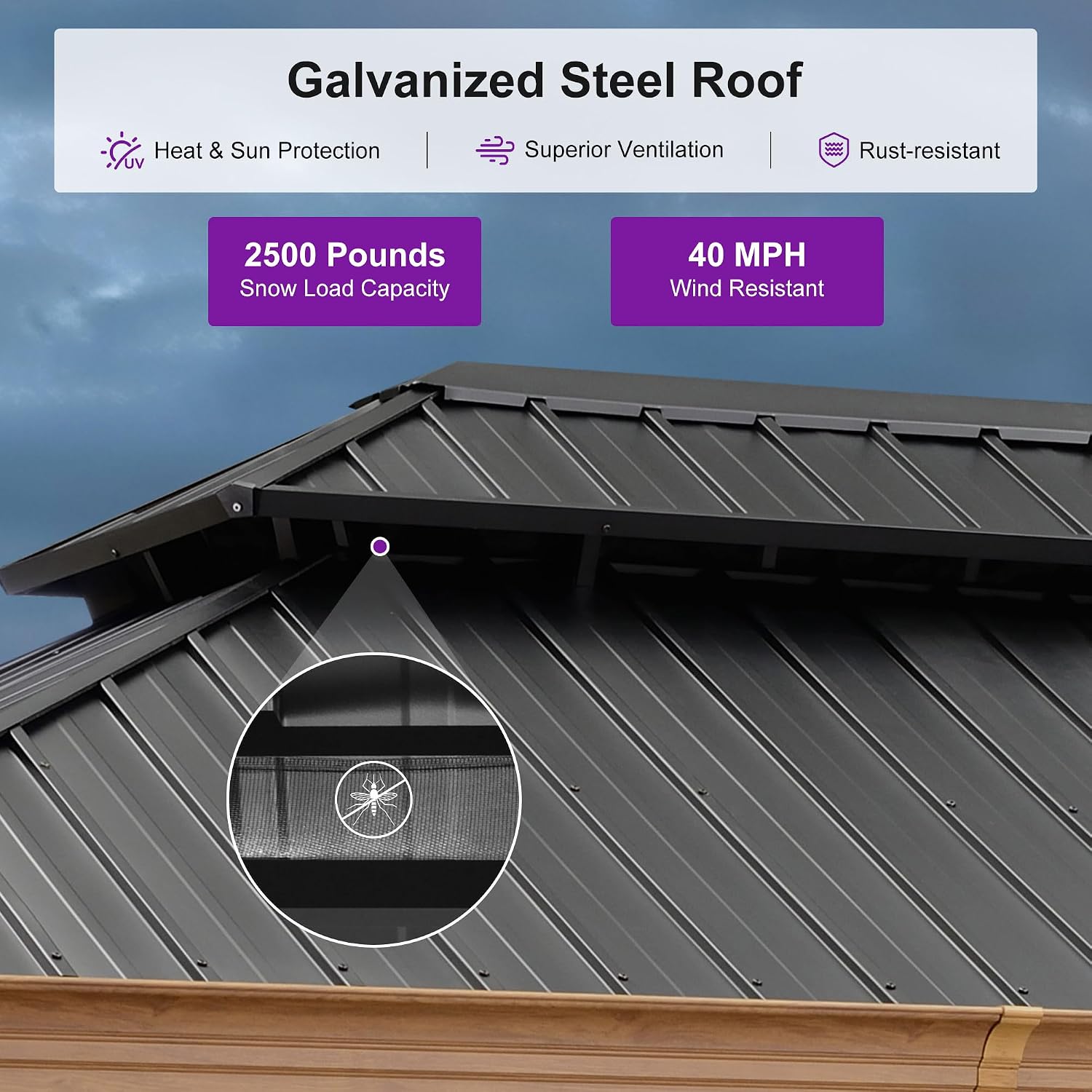 PURPLE LEAF 12' X 18' Outdoor Hardtop Gazebo for Patio Galvanized Steel Double Roof Permanent Canopy Teak Finish Coated Aluminum Frame Pavilion Gazebo with Netting and Lights