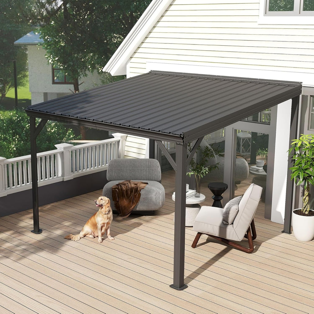 8x8FT Lean to Gazebo, Outdoor Hardtop Wall Mounted Gazebo with Gutter & Sloping Galvanized Steel Roof, Metal Hard Top Awnings for Deck, Porch, Backyard