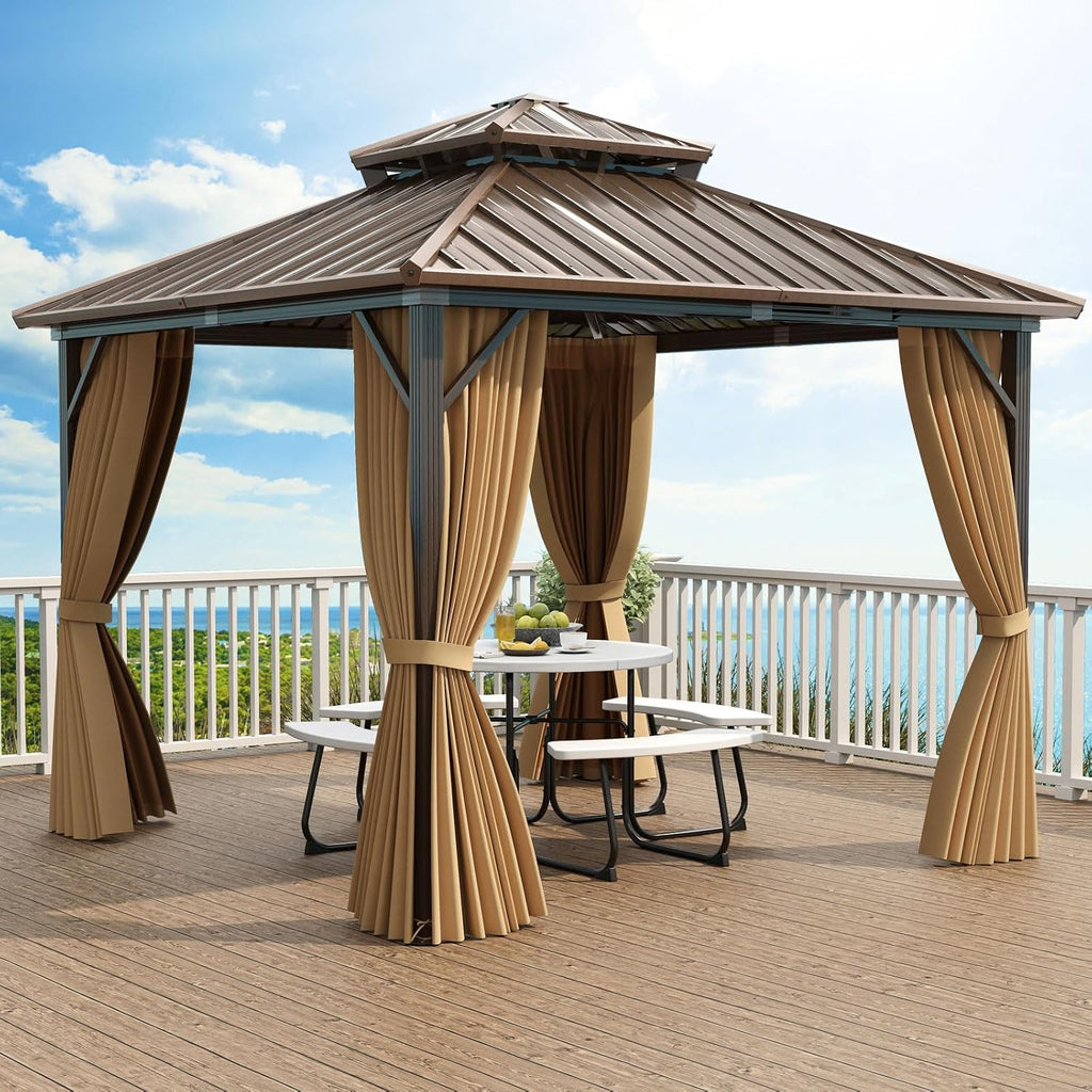 Tangkula 10x10 FT Hardtop Gazebo, Permanent Pavilion Shelter with Netting & Curtain, Heavy-Duty Double Galvanized Metal Roof, Aluminum Frame, Outdoor Gazebo for Patio Garden Deck Lawn Backyard