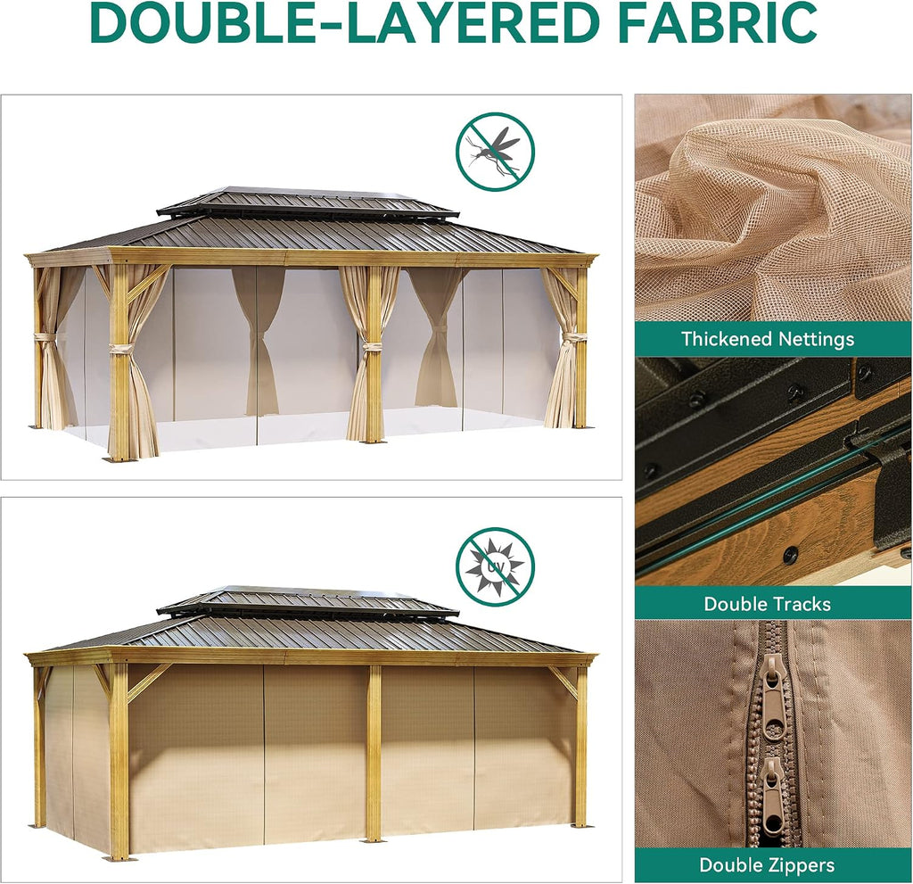YITAHOME 12x20ft Hardtop Gazebo with Nettings and Curtains, Wood Grain Heavy Duty Double Roof Galvanized Steel Outdoor Combined of Vertical Stripes Roof for Patio, Backyard, Deck, Lawns, Brown