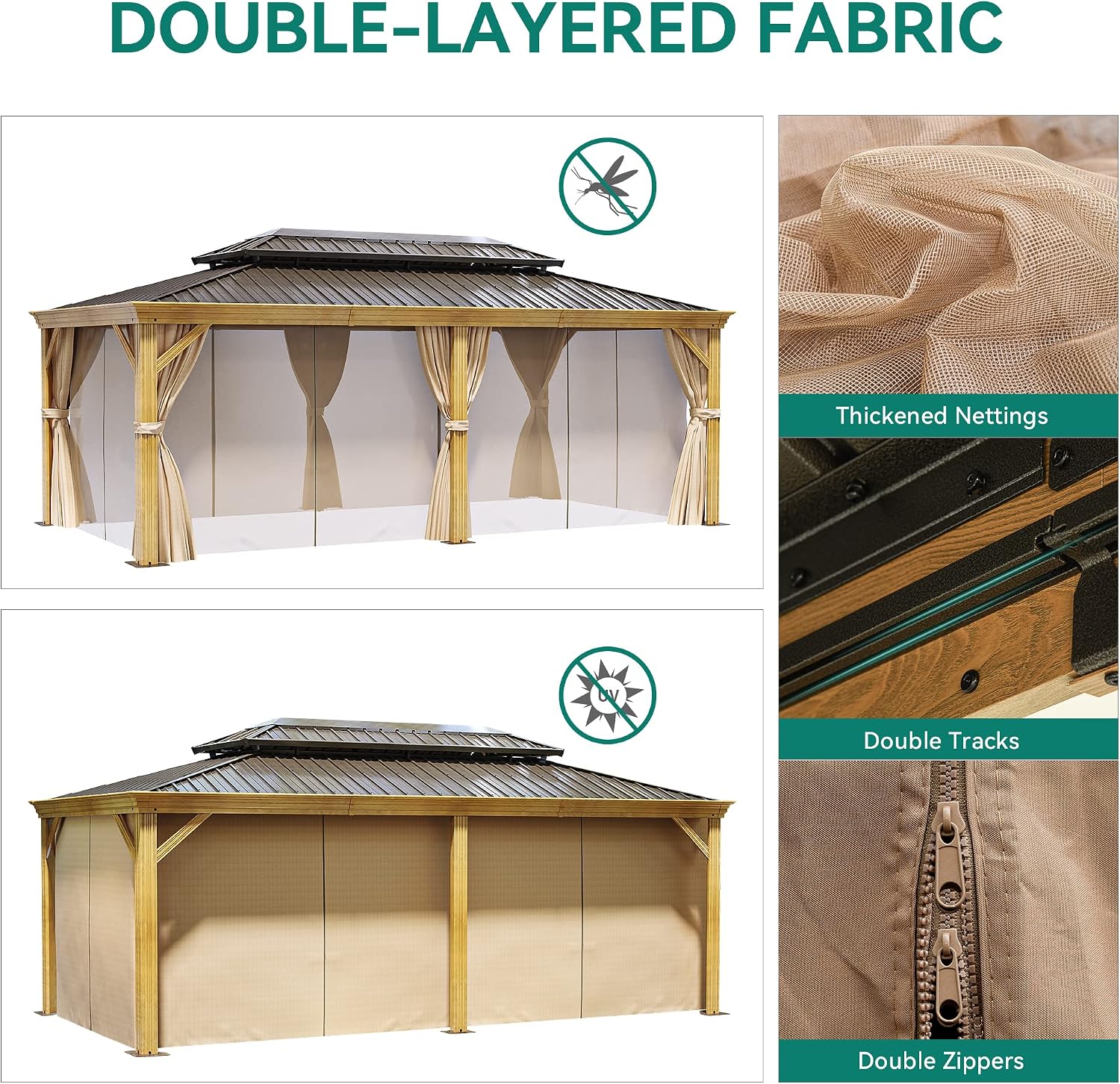 YITAHOME 12x20ft Hardtop Gazebo with Nettings and Curtains, Wood Grain Heavy Duty Double Roof Galvanized Steel Outdoor Combined of Vertical Stripes Roof for Patio, Backyard, Deck, Lawns, Brown