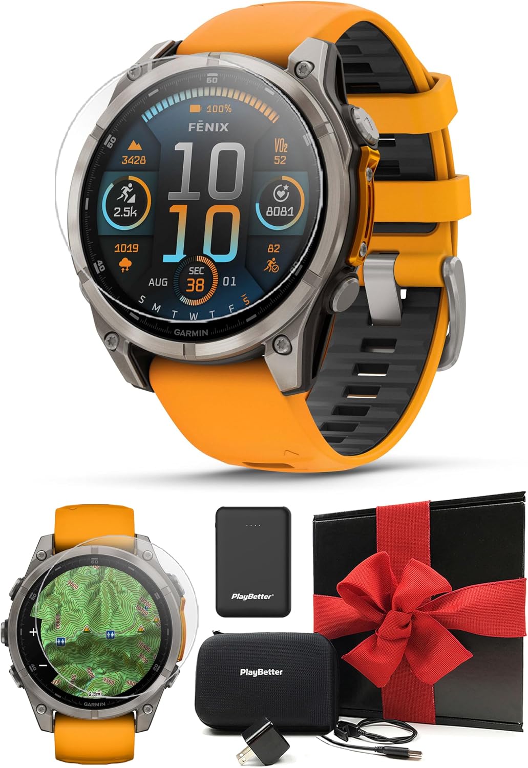 Garmin Fenix 8 AMOLED Sapphire (47mm, Titanium/Spark Orange) Multisport GPS Smartwatch Gift Box Bundle - 1.4' Touchscreen, Built-in LED Flashlight with PlayBetter Charger, Screens, Adapter, Case