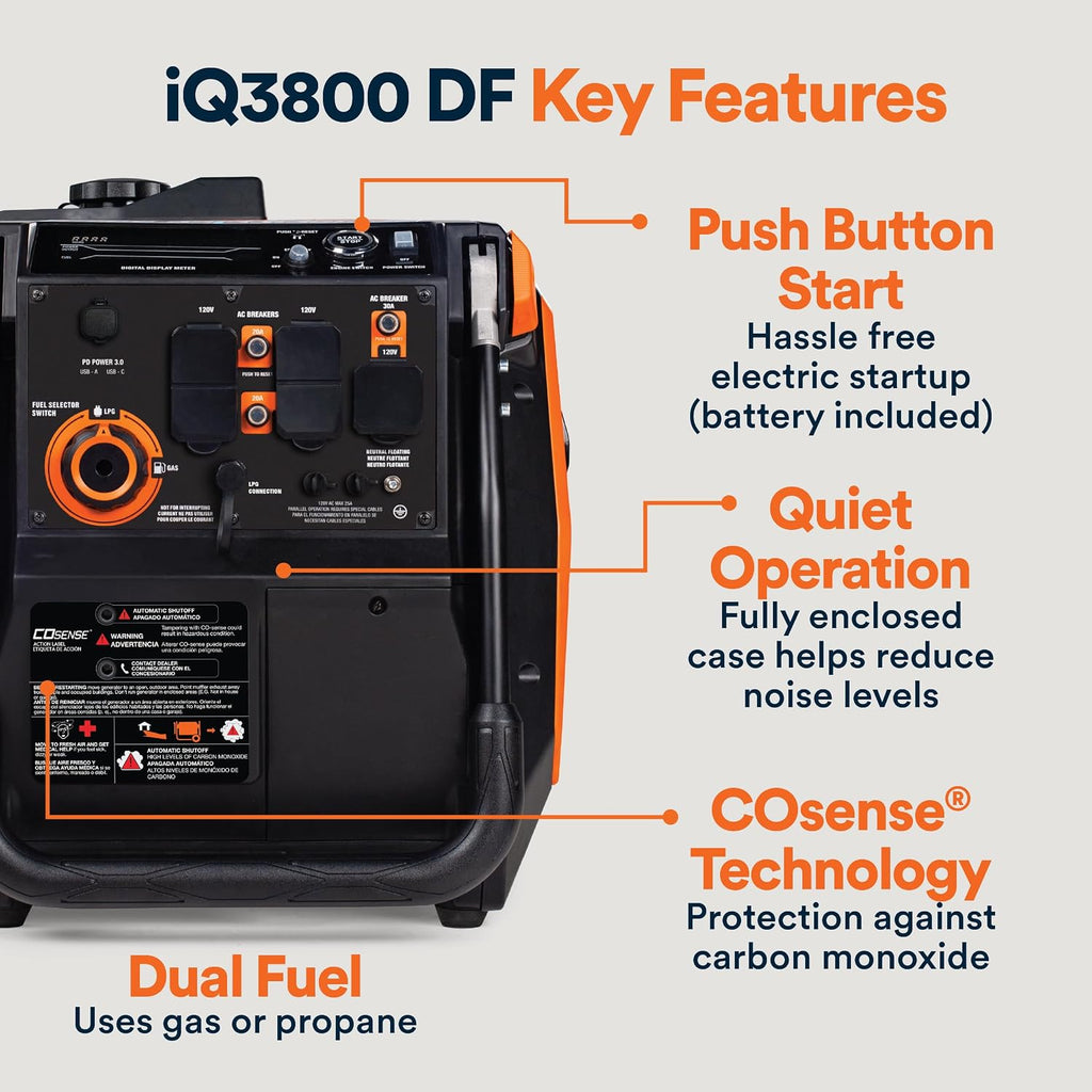 Generac 3,800-Watt Dual-Fuel Portable Inverter Generator - Gas and Propane Compatible - Quiet Operation - Clean, Stable Power - Great for Home Backup, Camping, and RV Use