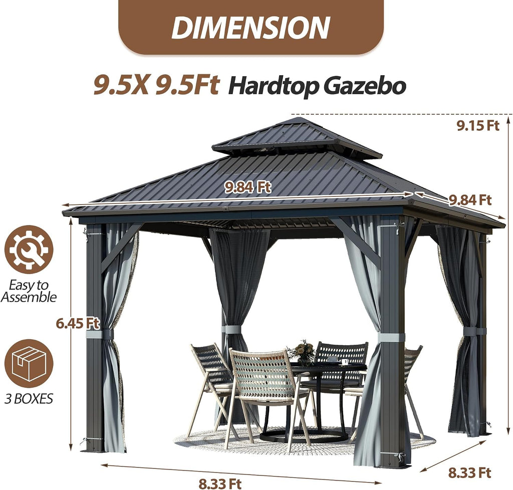 9.5' x 9.5' Hardtop Gazebo, Galvanized Steel Double Roof Gazebo with Nettings and Curtain Outdoor Aluminum Frame Vertical Stripes Roof Gazebos for Patio, Deck,Backyard
