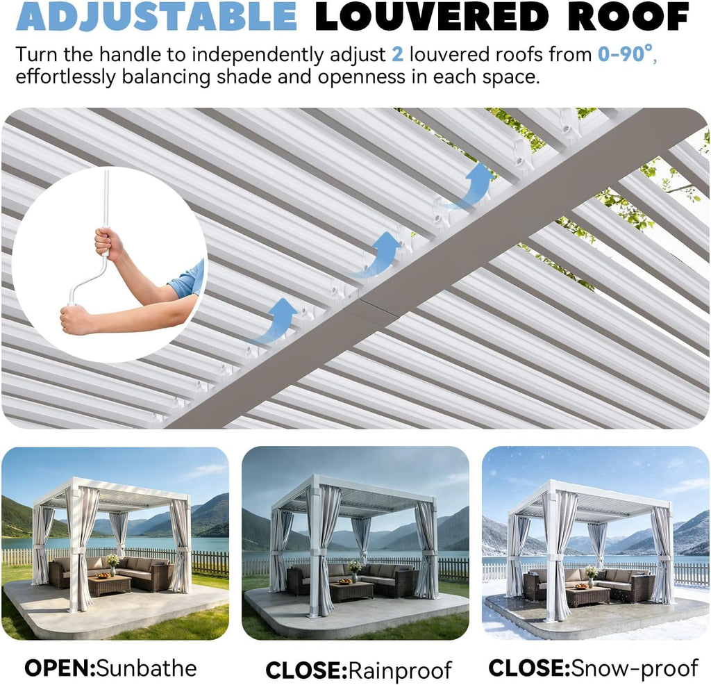 MELLCOM Louvered Pergola 10x10, Steel Aluminum Pergola with Adjustable Louvered Roofs, Outdoor Gazebo with Waterproof Curtains and Nets, White