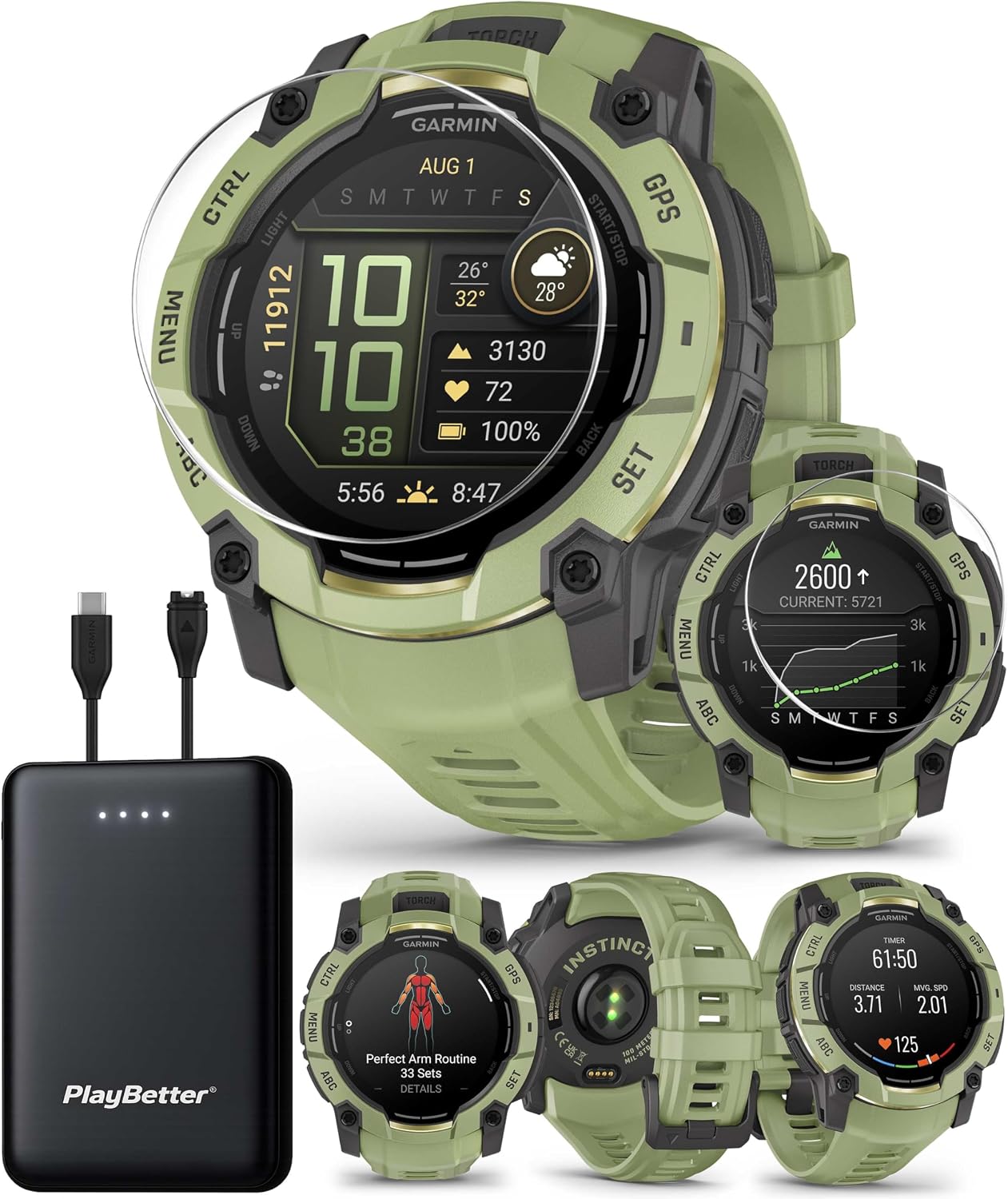 Garmin Instinct 3 Alpine Rush AMOLED (Fern Green, 50 mm) Outdoor GPS Smartwatch Bundle - Built-in Flashlight, 24/7 Health & Wellness Monitoring with PlayBetter Portable Charger & HD Screen Protectors