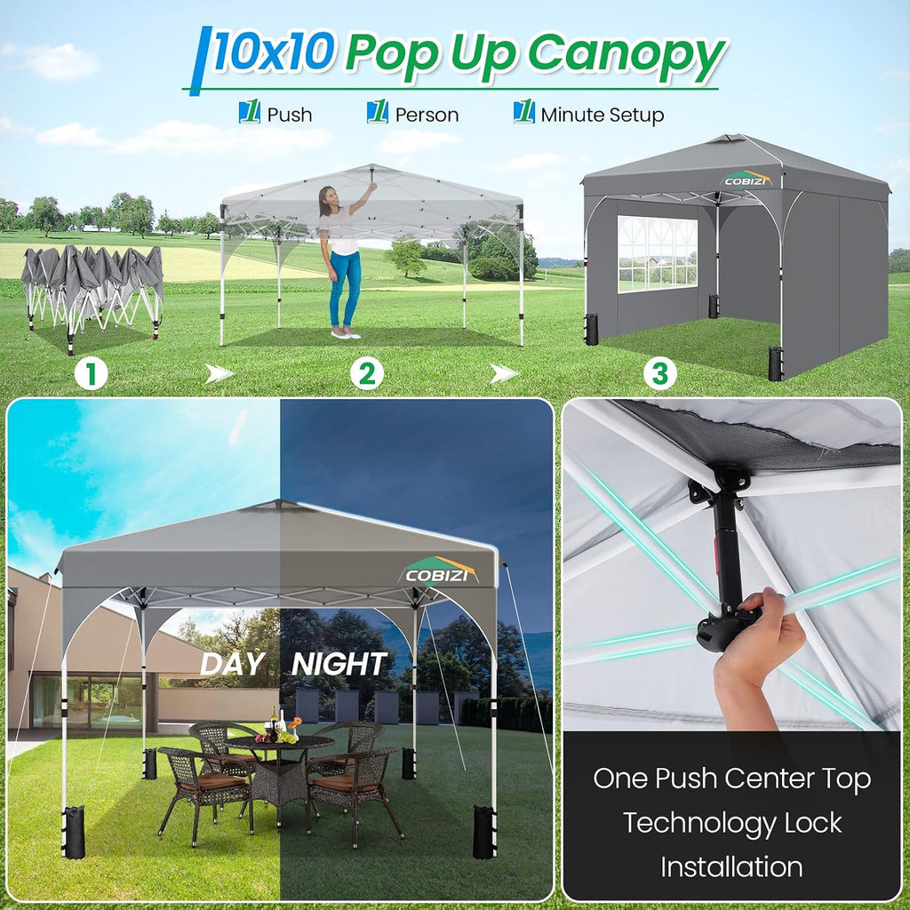 COBIZI 10x10 Pop Up Canopy with 3 Removable Sidewalls, Easy Pop Up Comercial Instant Canopy with One Push Center Lock, Waterproof Canopy with Sidewalls for Event, Rope & Stakes & Sandbags, Gray