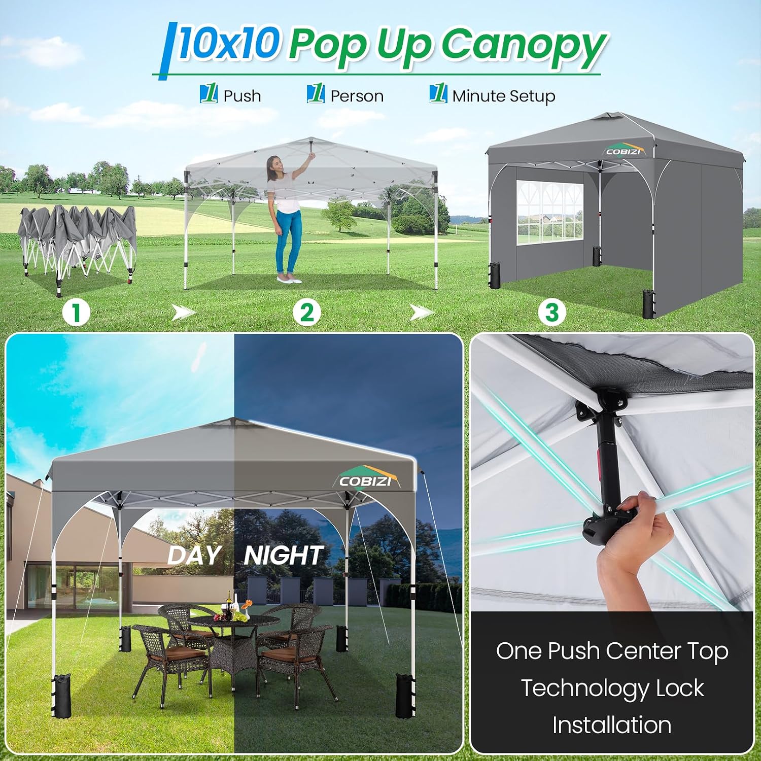 COBIZI 10x10 Pop Up Canopy with 3 Removable Sidewalls, Easy Pop Up Comercial Instant Canopy with One Push Center Lock, Waterproof Canopy with Sidewalls for Event, Rope & Stakes & Sandbags, Gray