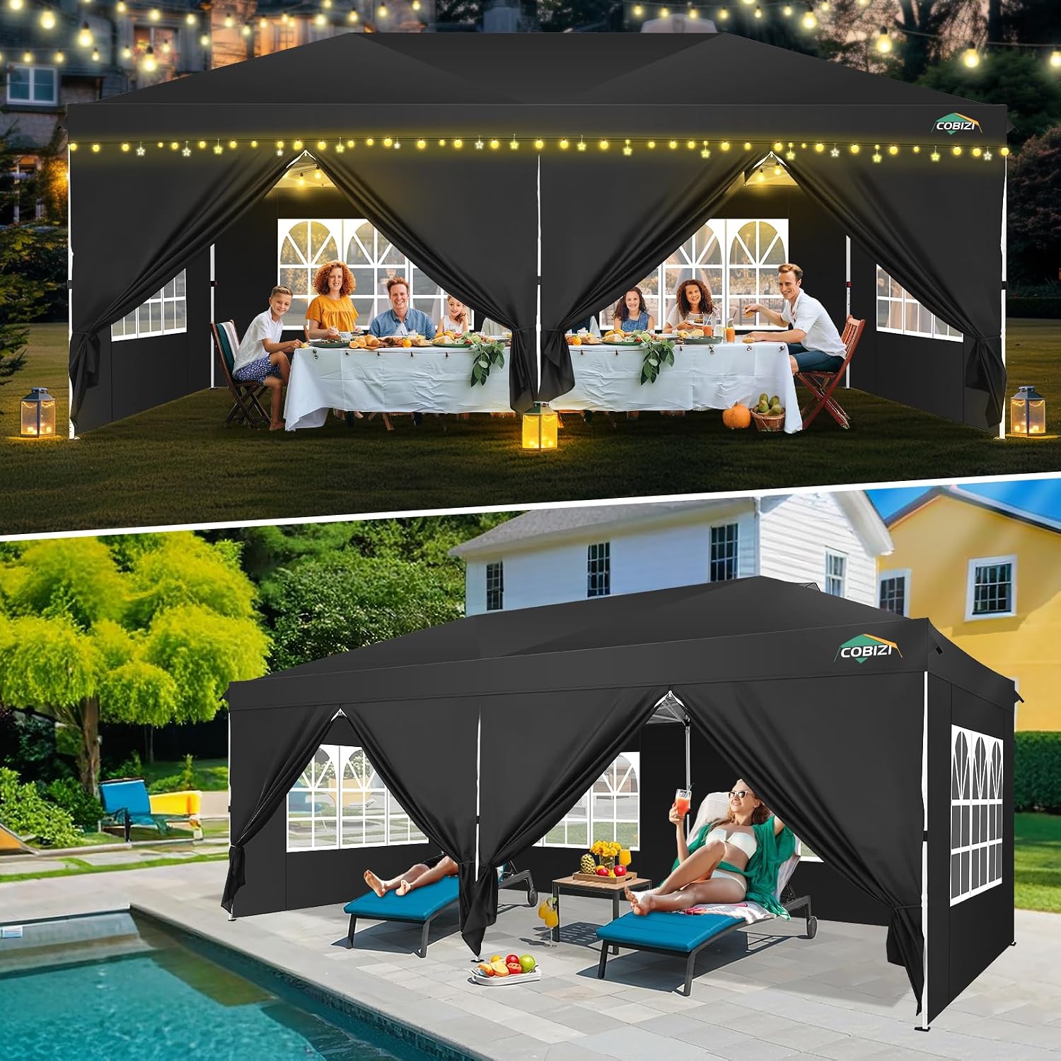 COBIZI 10x20 Pop Up Canopy Tent, One Push Easy Up Gazebo with 6 Removable Sidewalls & Air Vent, Waterproof UV50+ Commercial Canopy with 4 Sandbags, Stakes & Ropes for Parties/Wedding/Backyard, Black