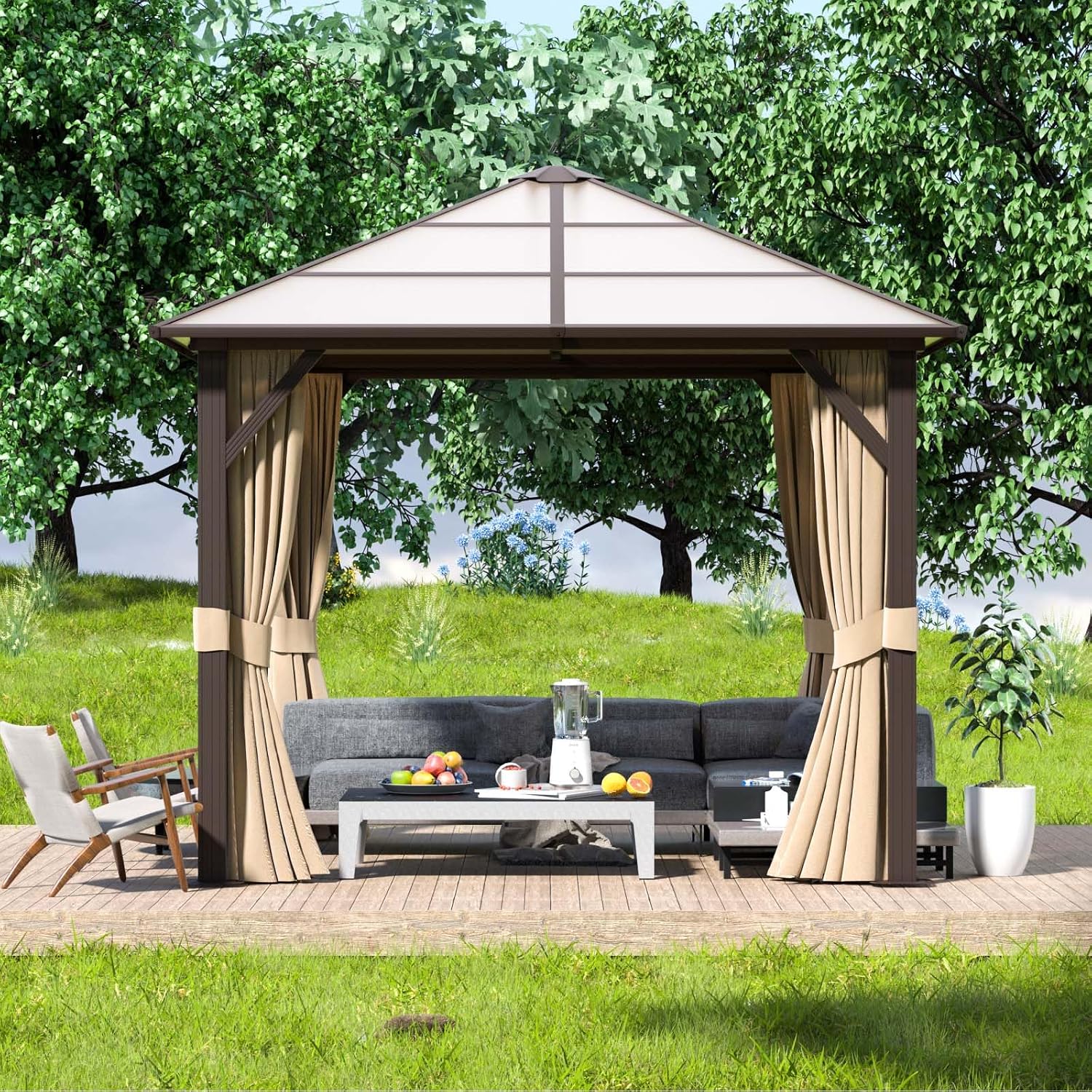 Aoxun 10'x10' Gazebo Single Polycarbonate Top, Outdoor Polycarbonate Frame Permanent Gazebo with Curtains and Netting, for Patios, Parties, Backyards, Gardens