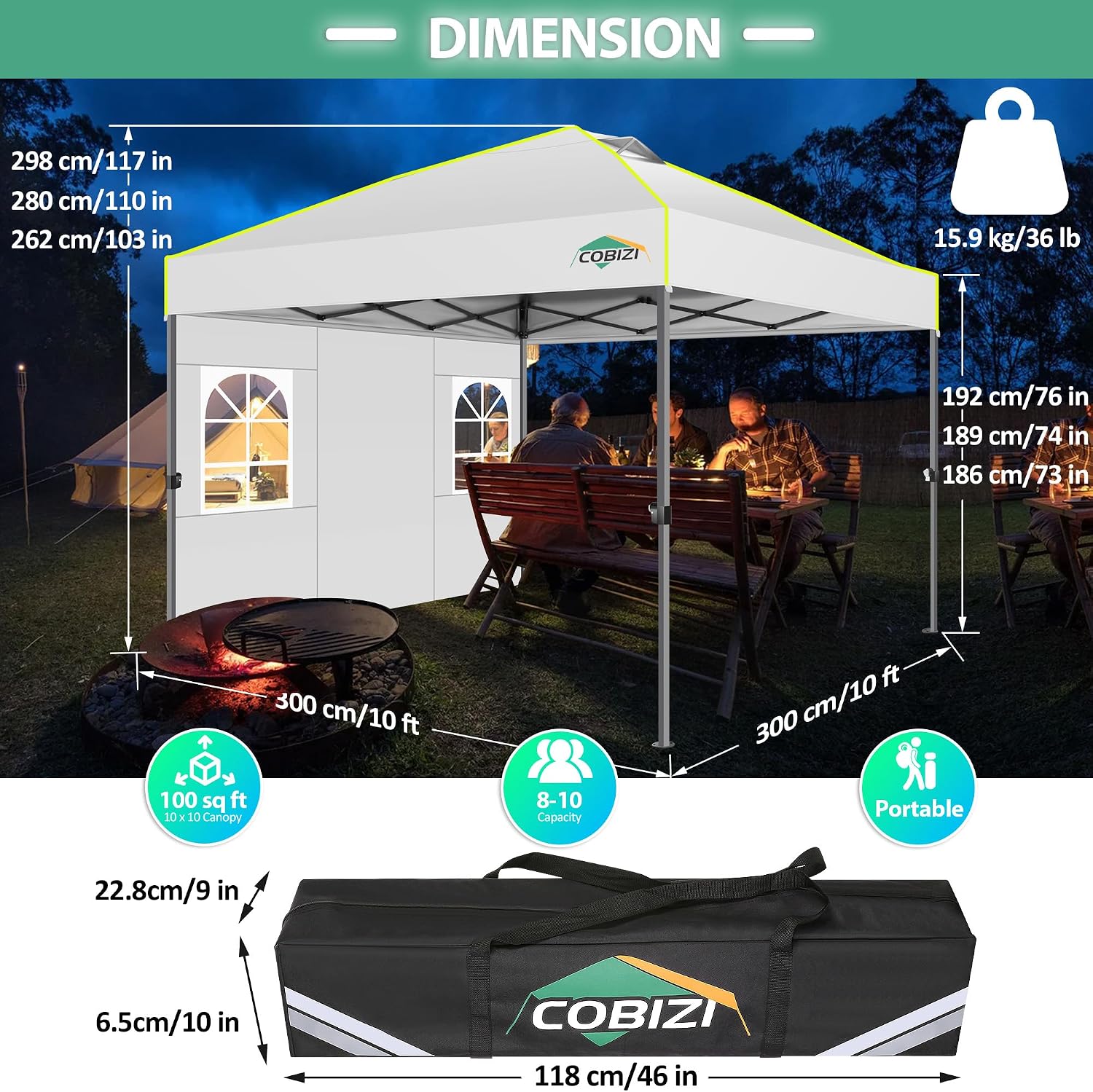 COBIZI 10x10 Pop up Canopy Tent with Sidewalls, One Push Setup, Waterproof & UV 50+ Outdoor Commercial Event Gazebo with Air Vent, Reflective Strip, 4 Sandbags Tents for Parties/Backyard/Camping,White