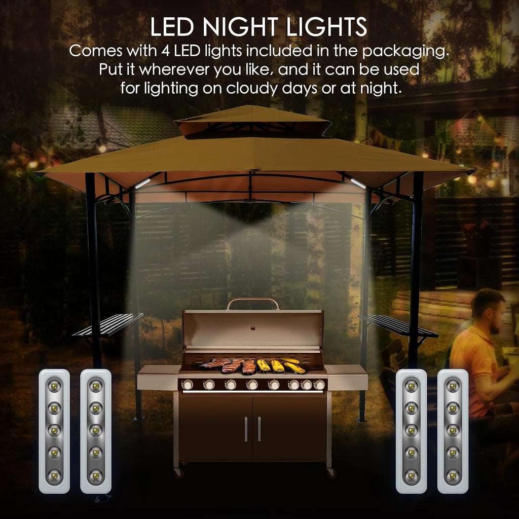 KOZYARD Andra 8' x 5' BBQ Grill Gazebo Canopy Tent, Soft Top Vented Roof, Steel Frame with Side Shelves & Utensil Hooks, 4 Magnetic Detachable LED Lights, Outdoor Grill Shelter
