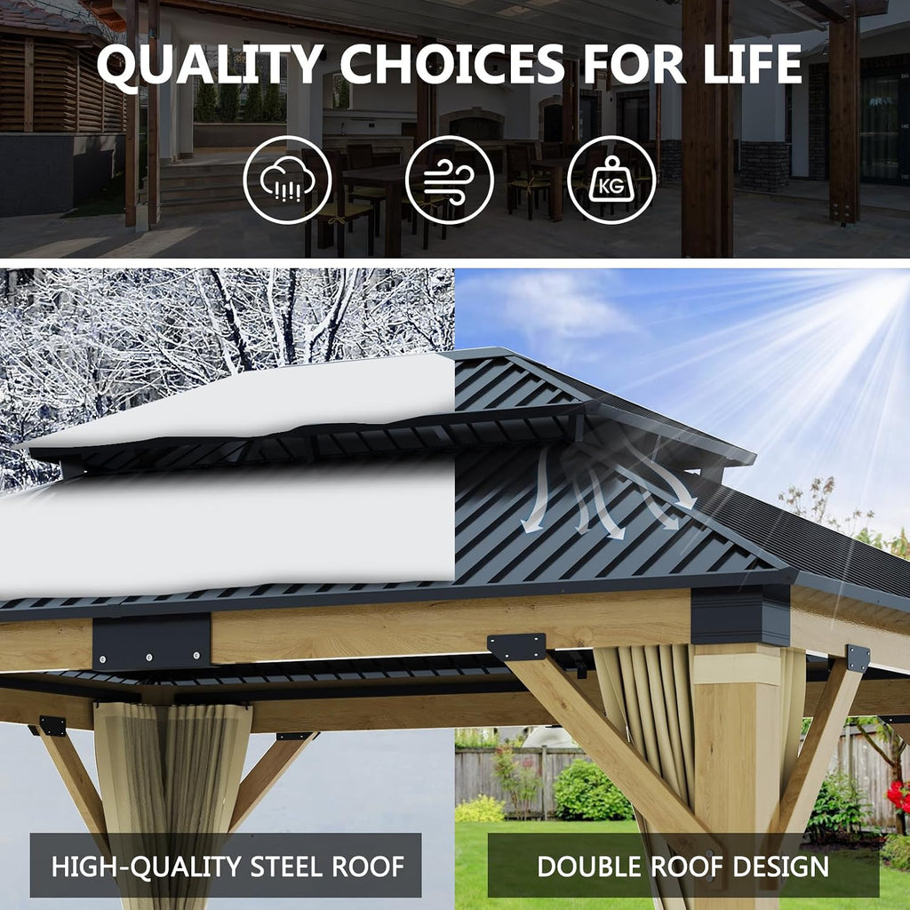 11x13FT Wood Gazebo, Outdoor Wooden Gazebo with Galvanized Steel Double Roof, Hardtop Gazebos for Garden, Patio, Deck, Backyard (w/Beige Curtain &Netting)